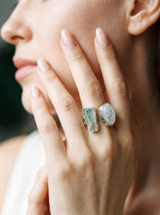 Raw Aquamarine Moonstone Ring, Hammered Sterling Silver Statement Jewelry