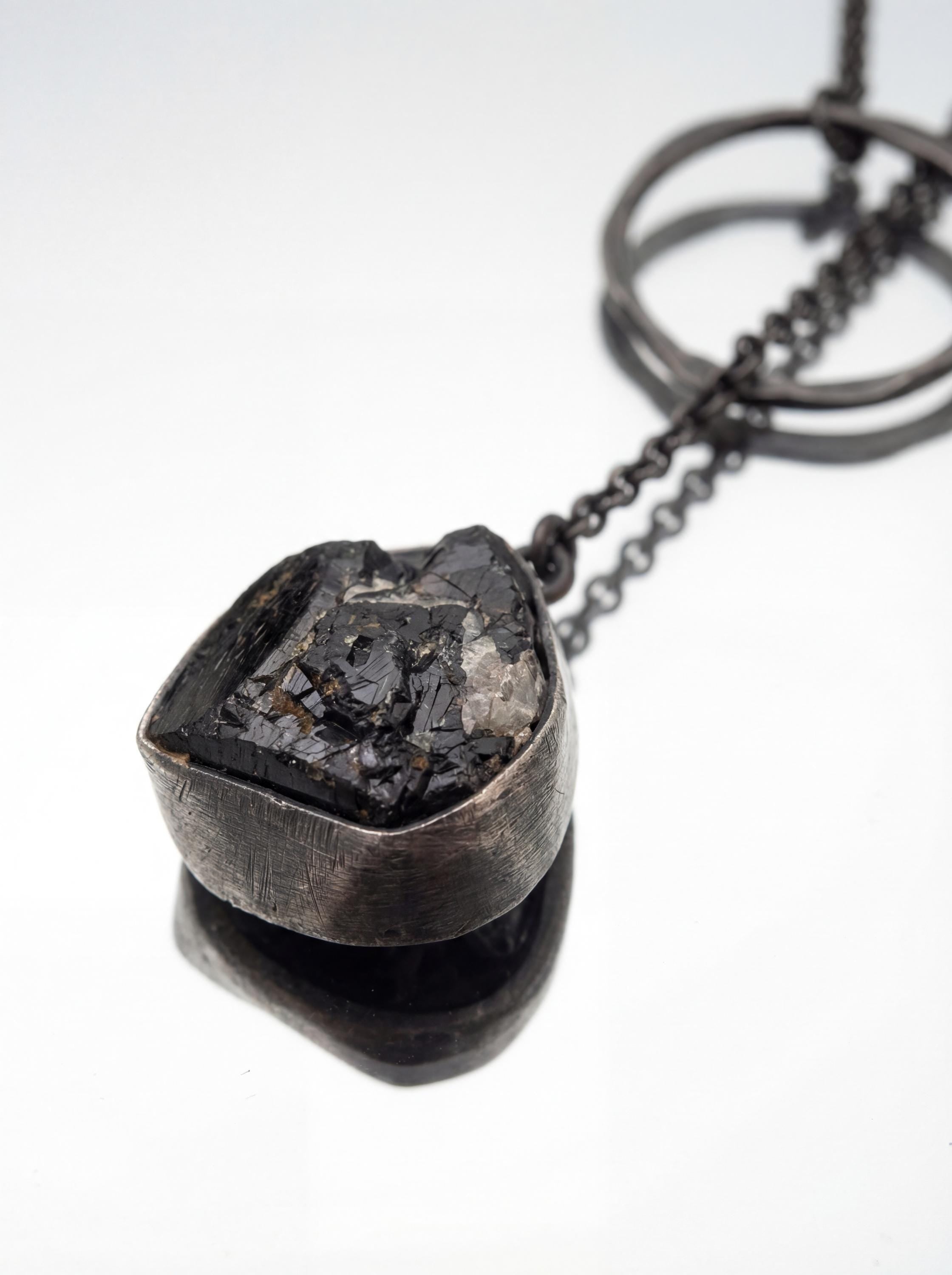 Black Tourmaline Noose Necklace, 925 Oxidized Silver, Raw Crystal Pendant, Adjustable Loop Chain, Brushed Finish, Grounding Amulet Jewelry