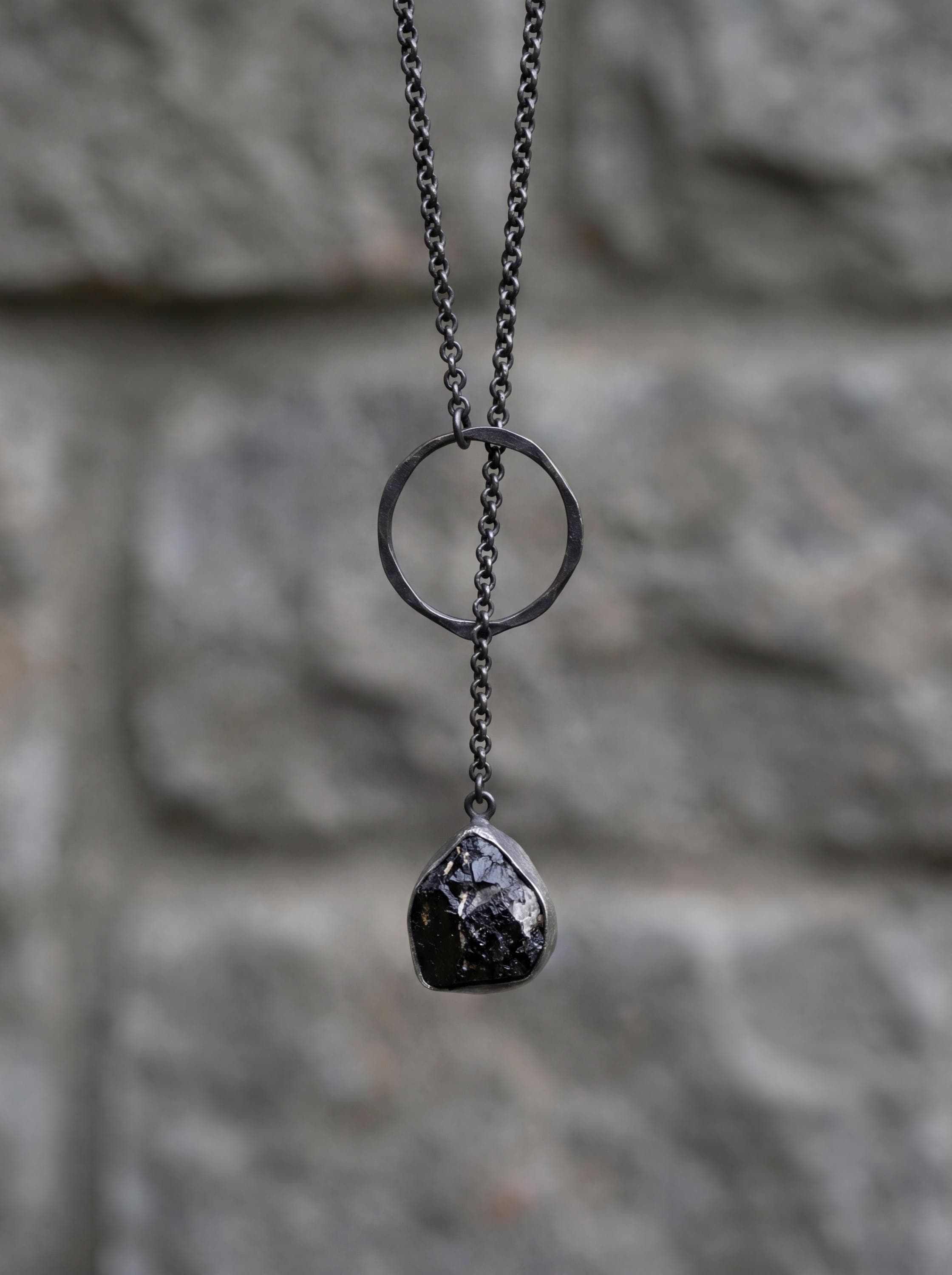 Black Tourmaline Noose Necklace, 925 Oxidized Silver, Raw Crystal Pendant, Adjustable Loop Chain, Brushed Finish, Grounding Amulet Jewelry