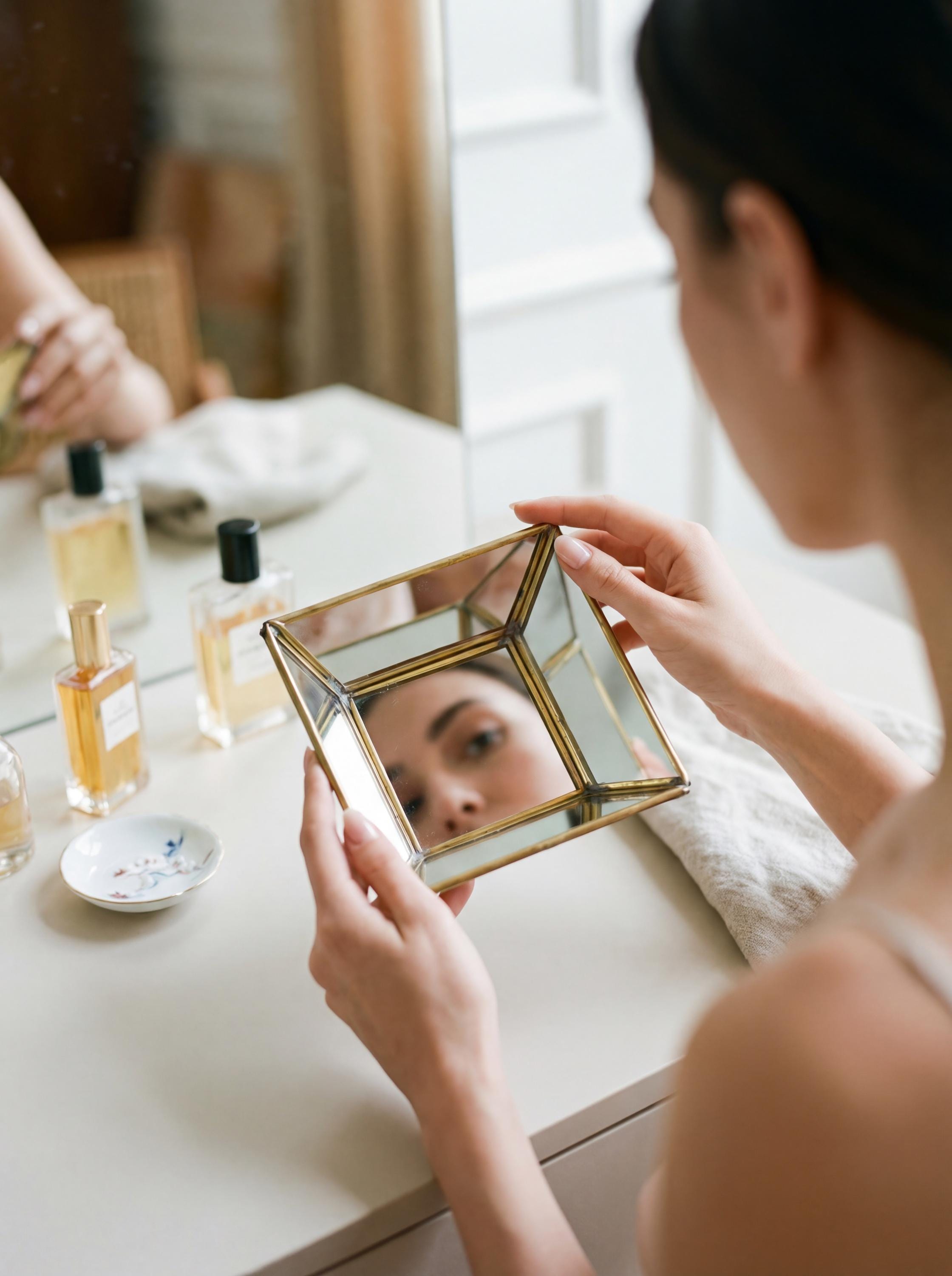 Brass Mirror Geometric Tray Handmade Reflective Pyramid Jewelry Display Tray Candle Holder Keepsake Decor Gift