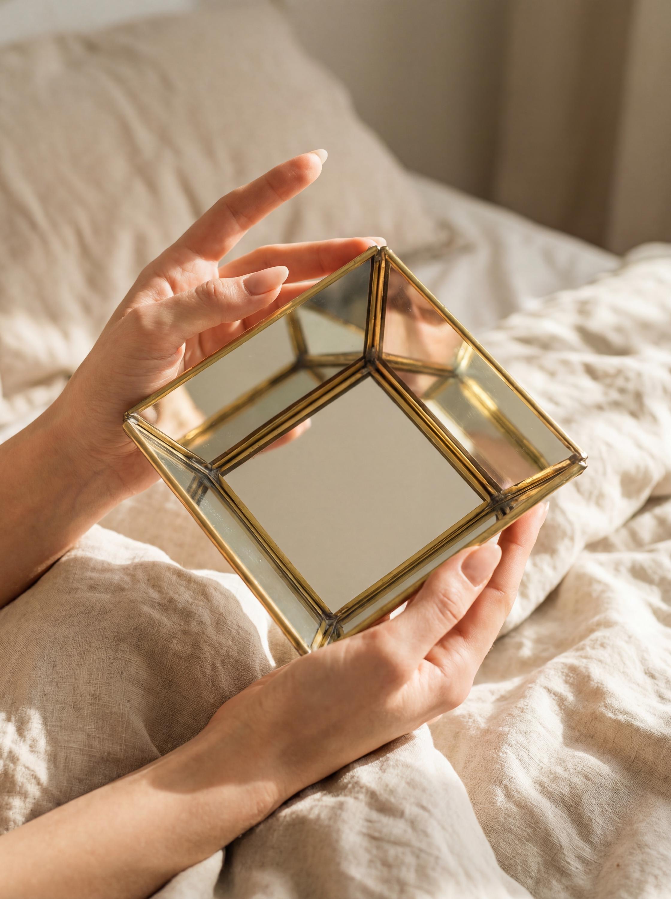 Brass Mirror Geometric Tray Handmade Reflective Pyramid Jewelry Display Tray Candle Holder Keepsake Decor Gift