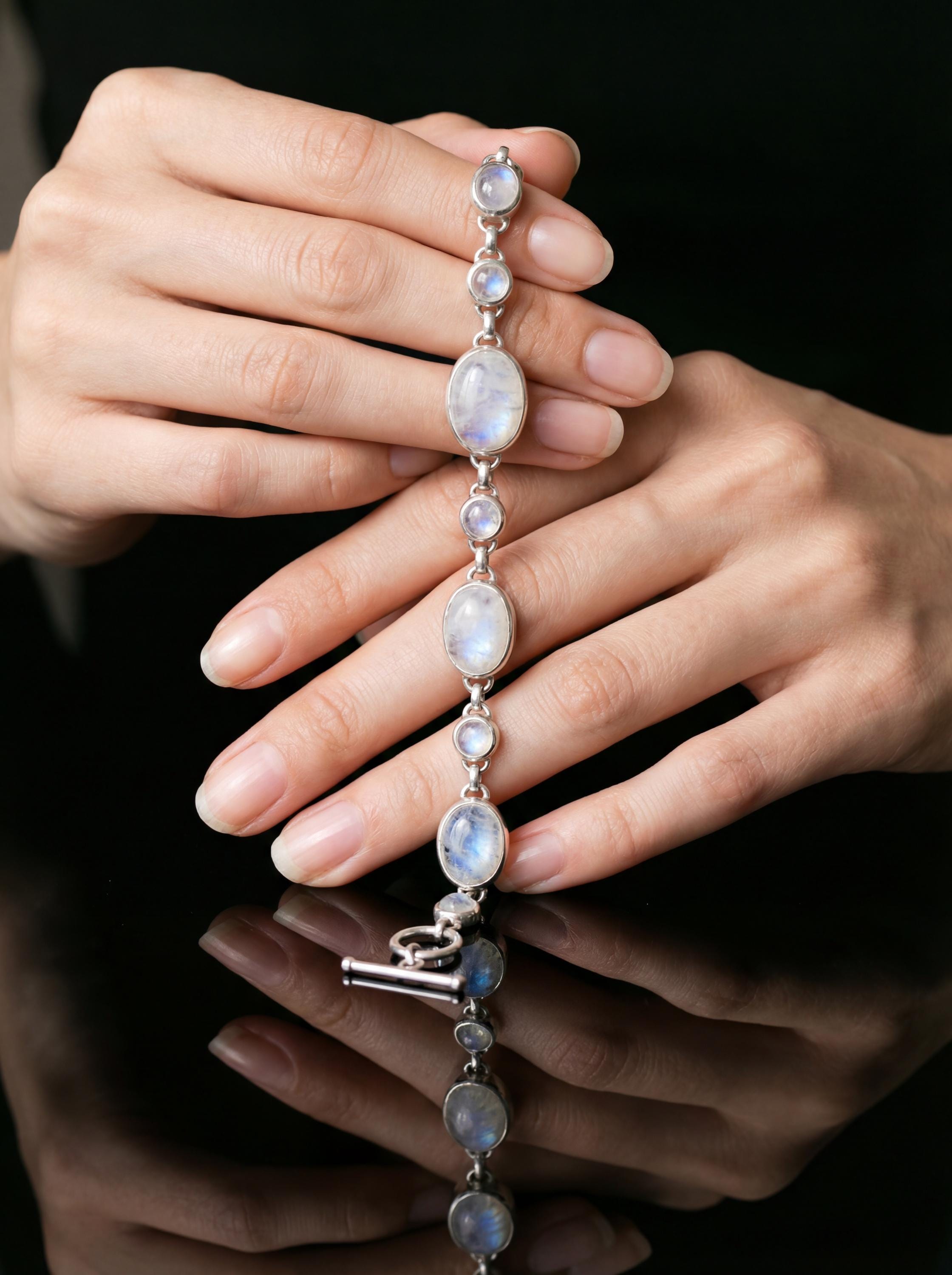 Rainbow Moonstone Bracelet Sterling Silver Bezel Set Oval Round Stones Blue Adularescence Lunar Talisman Gift