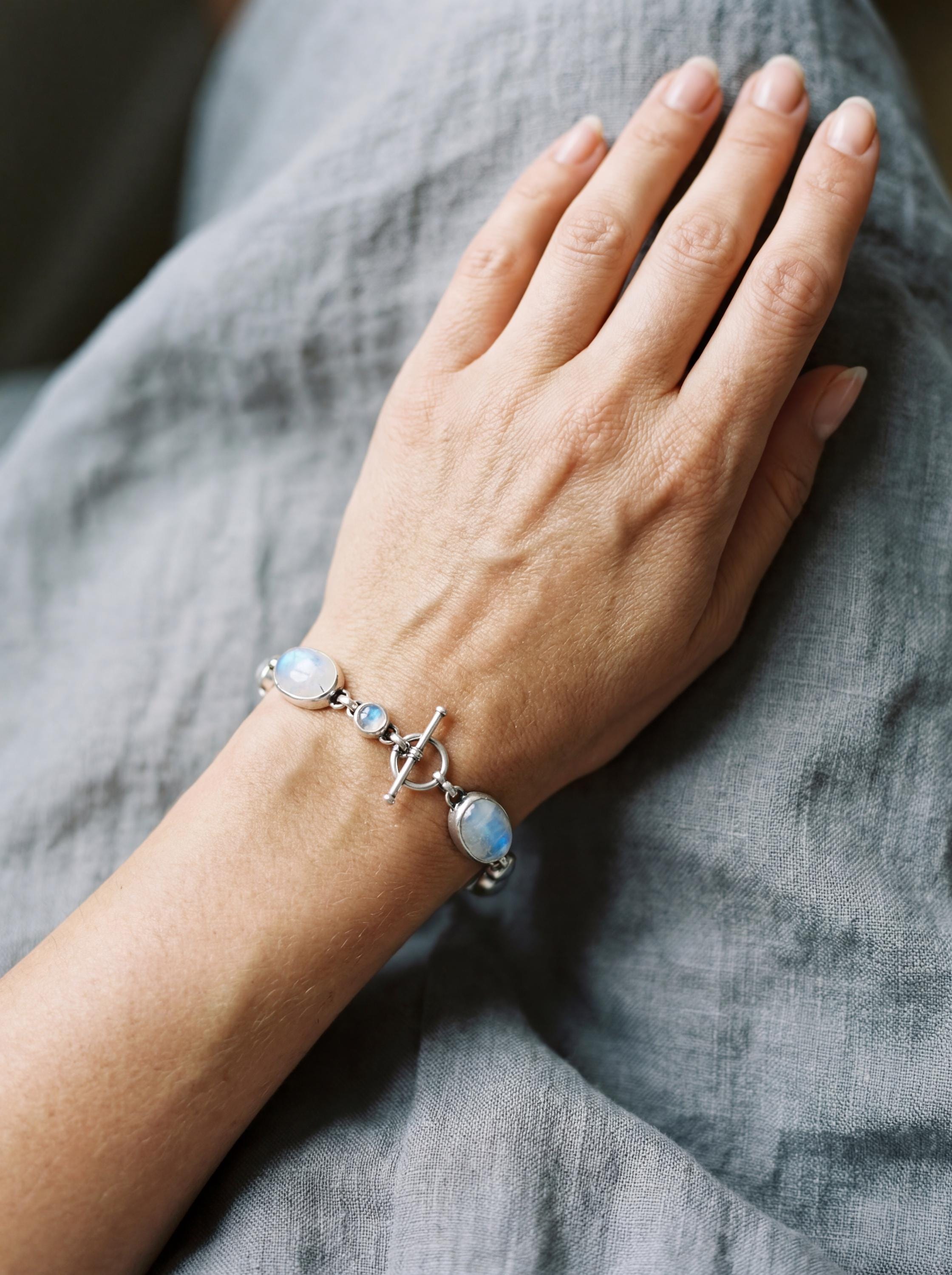 Rainbow Moonstone Bracelet Sterling Silver Bezel Set Oval Round Stones Blue Adularescence Lunar Talisman Gift