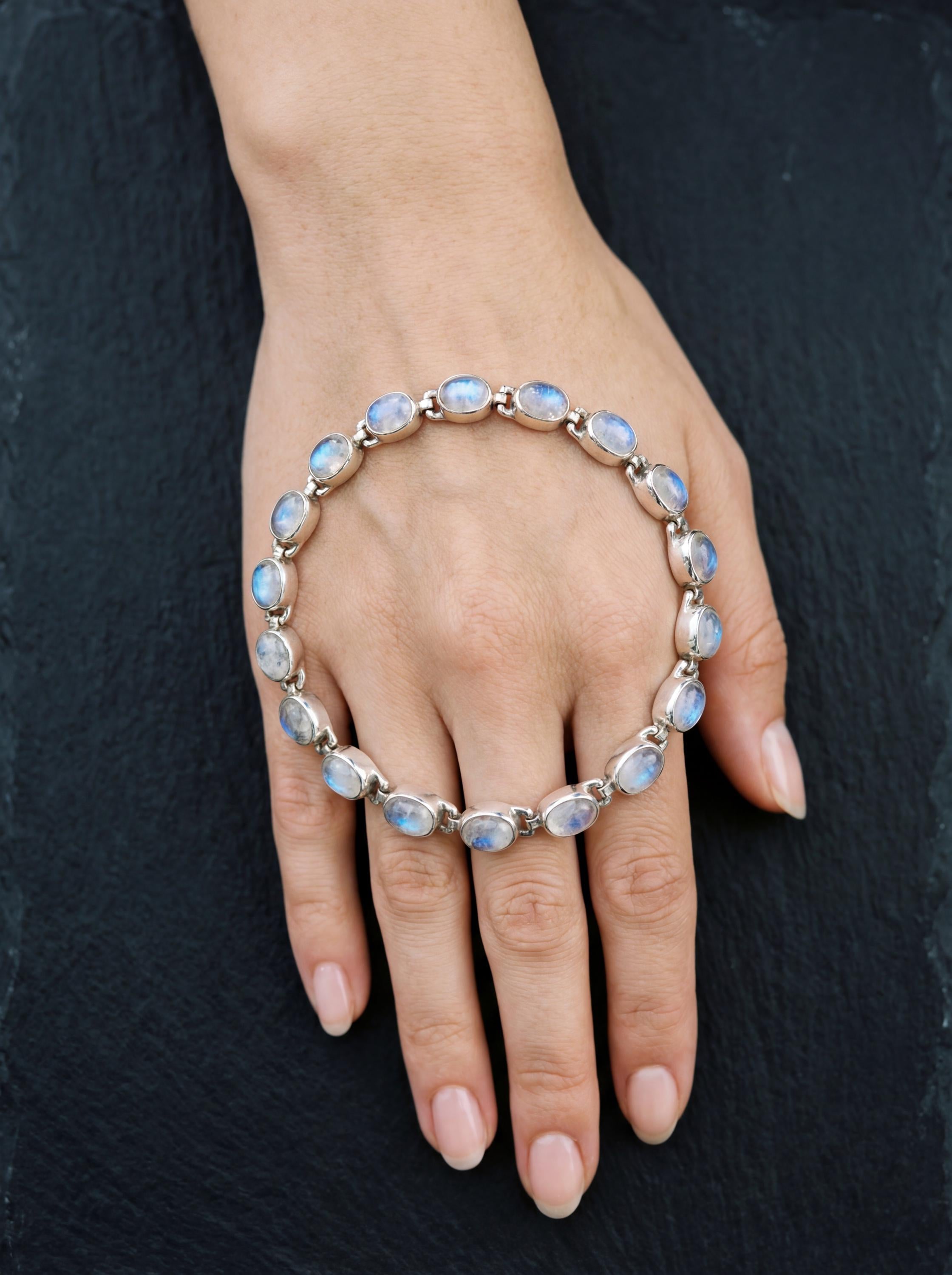 Oval Blue Moonstone Bracelet, 925 Sterling Silver Adjustable Jewelry
