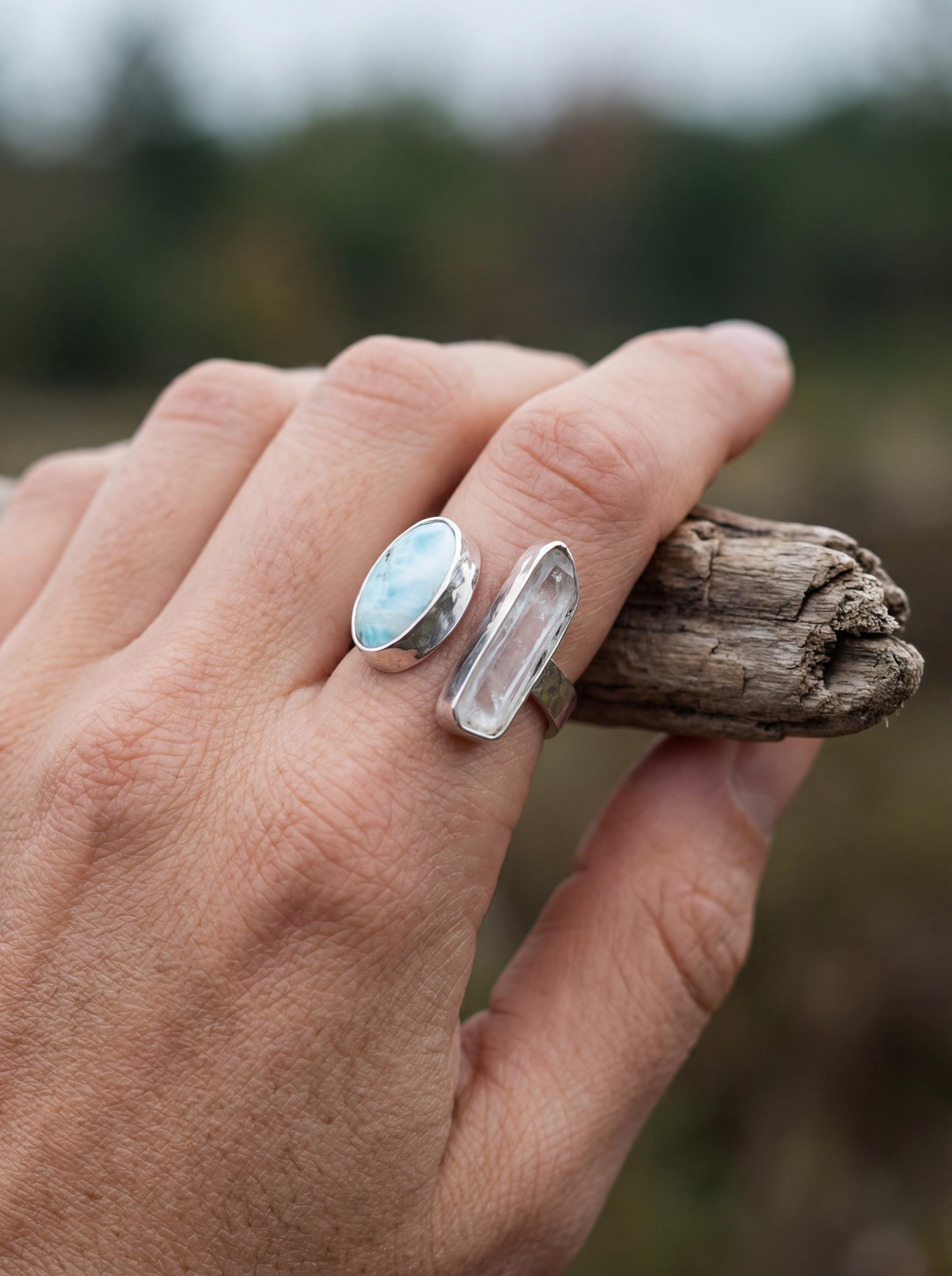 Clear Quartz Larimar Ring 925 Sterling Silver Adjustable Hammered Band Crown Throat Chakra Ocean Jewelry Gift