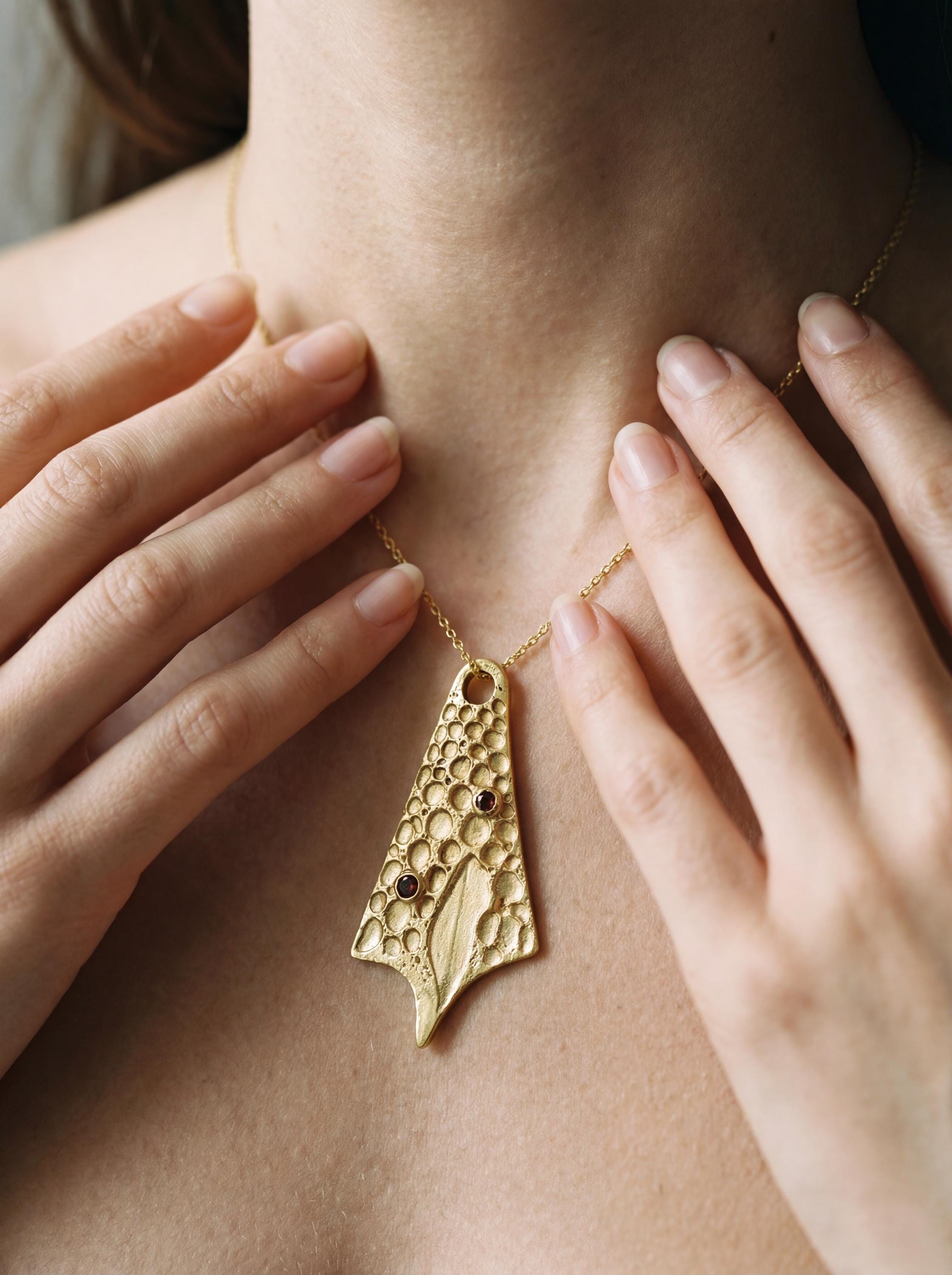 Handmade 18k Gold Plated Garnet Pendant, Abstract Sculptural Necklace
