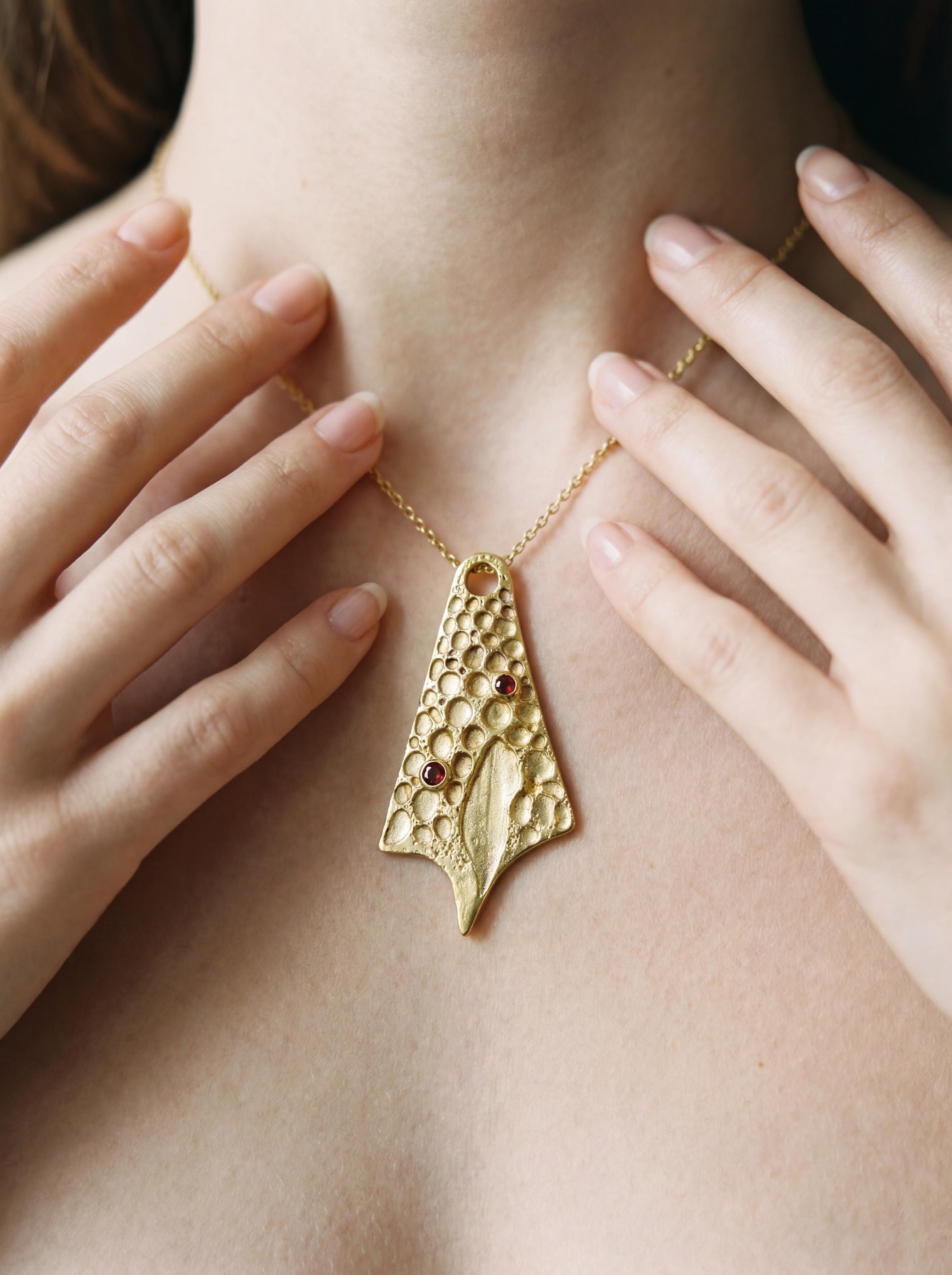 Handmade 18k Gold Plated Garnet Pendant, Abstract Sculptural Necklace