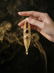 Gold Plated Brass Spoon Pendant, Faceted Red Garnet, Ritual Talisman Jewelry