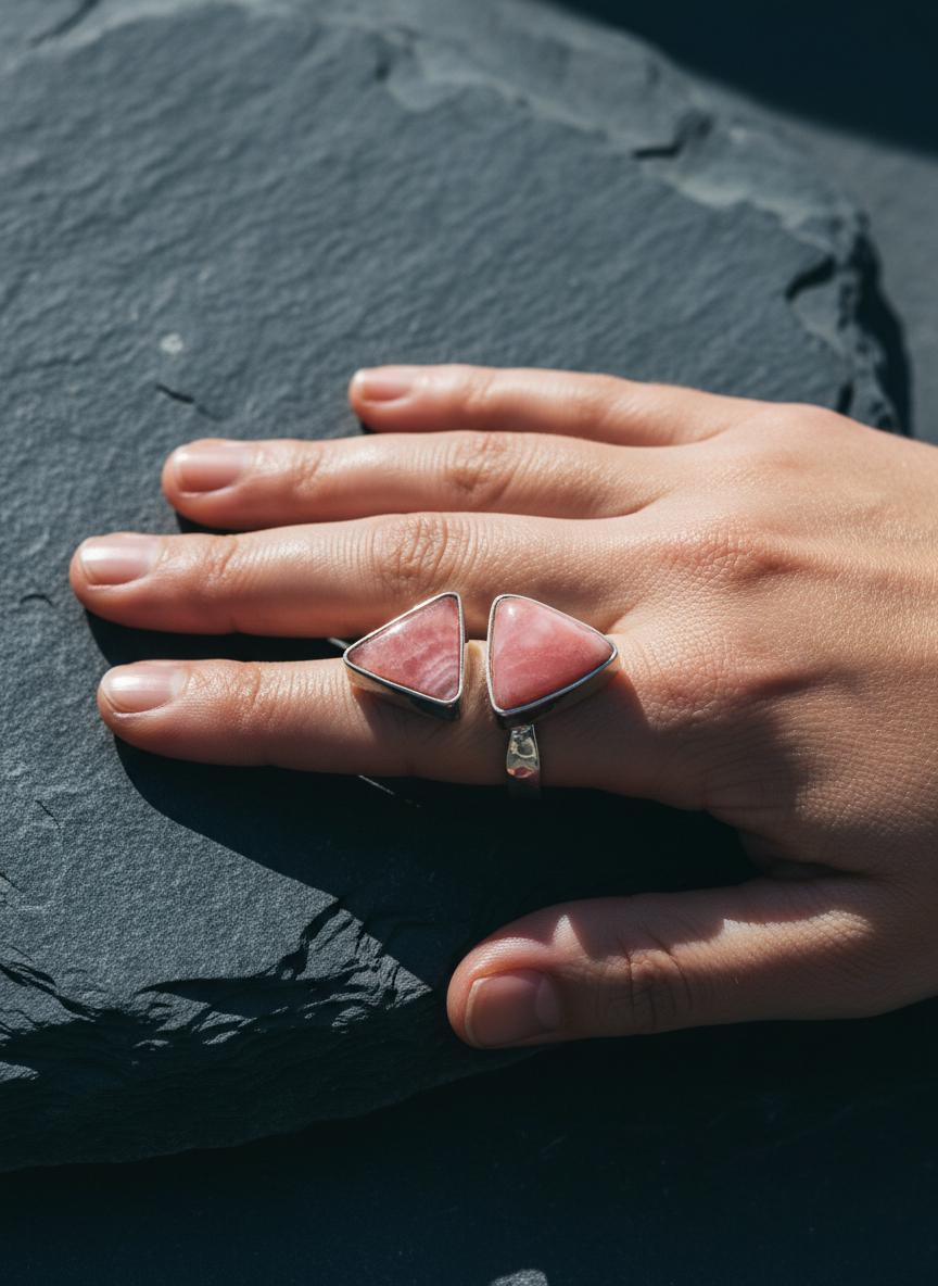 Triangle Rhodochrosite Ring 925 Silver Adjustable Open Ring Hammered Texture Pink Stone Statement Jewelry