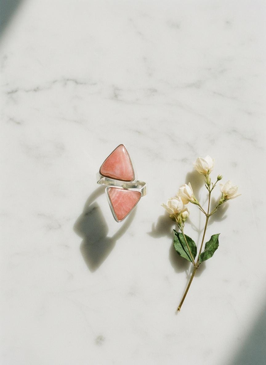 Triangle Rhodochrosite Ring 925 Silver Adjustable Open Ring Hammered Texture Pink Stone Statement Jewelry