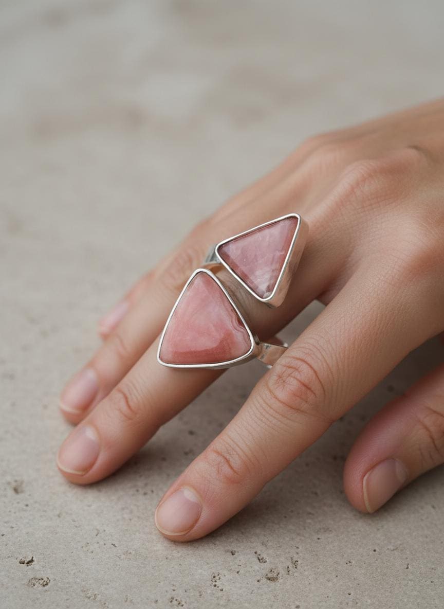 Triangle Rhodochrosite Ring 925 Silver Adjustable Open Ring Hammered Texture Pink Stone Statement Jewelry