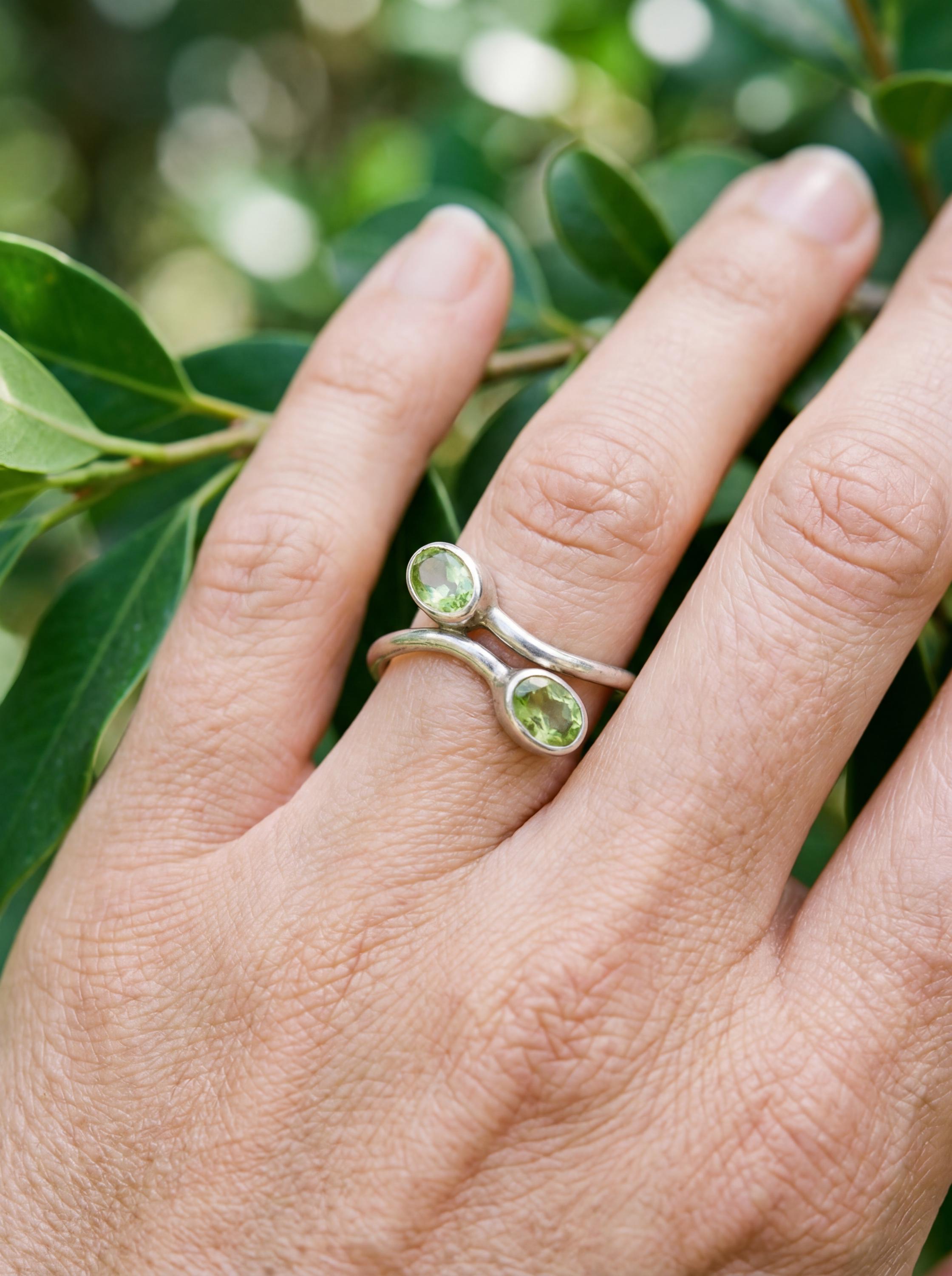 Green Peridot Silver Ring 925 Sterling Adjustable Open Band Two Stone Minimalist Gemstone Jewelry Gift