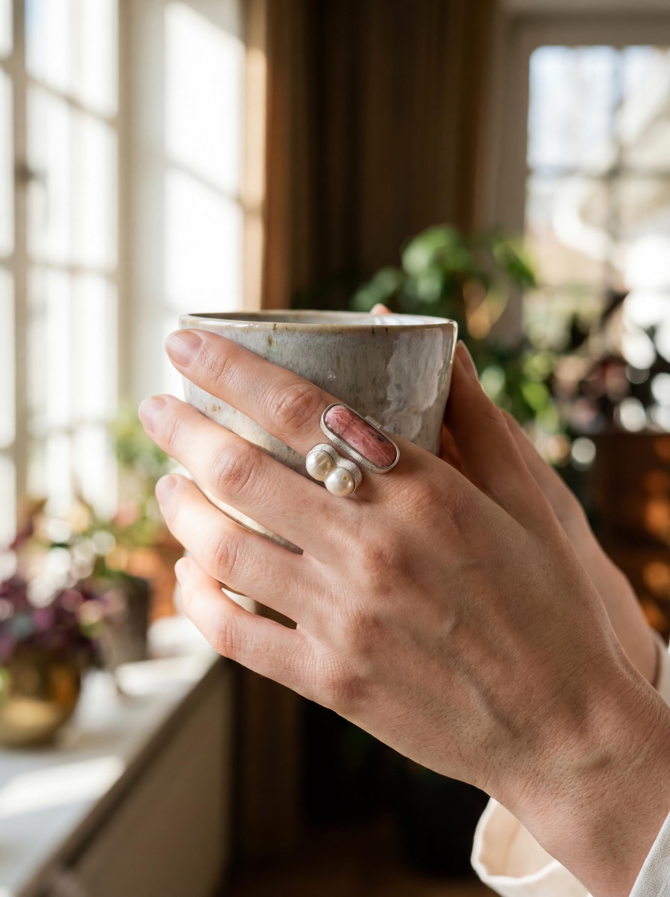 Baroque Pearl Rhodochrosite Ring 925 Silver Adjustable Open Ring Organic Texture Statement Jewelry