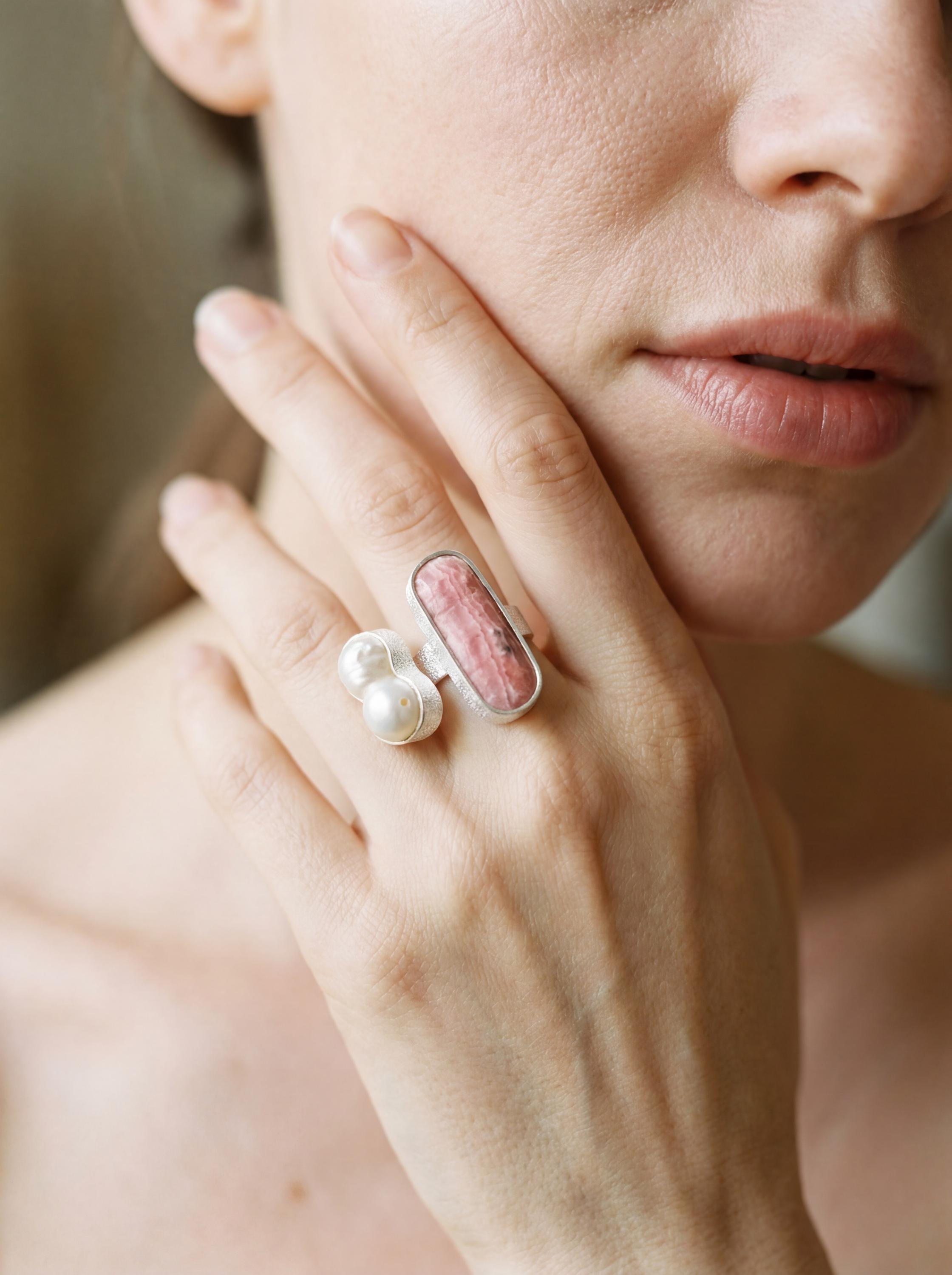 Baroque Pearl Rhodochrosite Ring 925 Sterling Silver Adjustable Heart Crown Chakra Handmade Jewelry Gift
