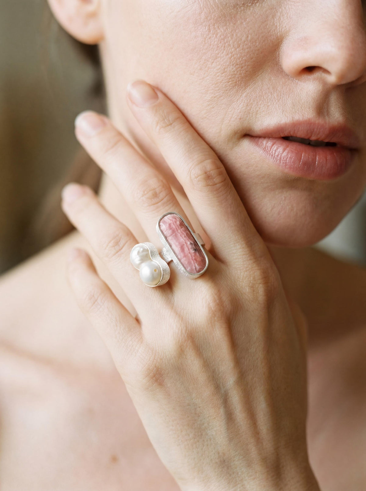 Baroque Pearl Rhodochrosite Ring 925 Sterling Silver Adjustable Heart Crown Chakra Handmade Jewelry Gift