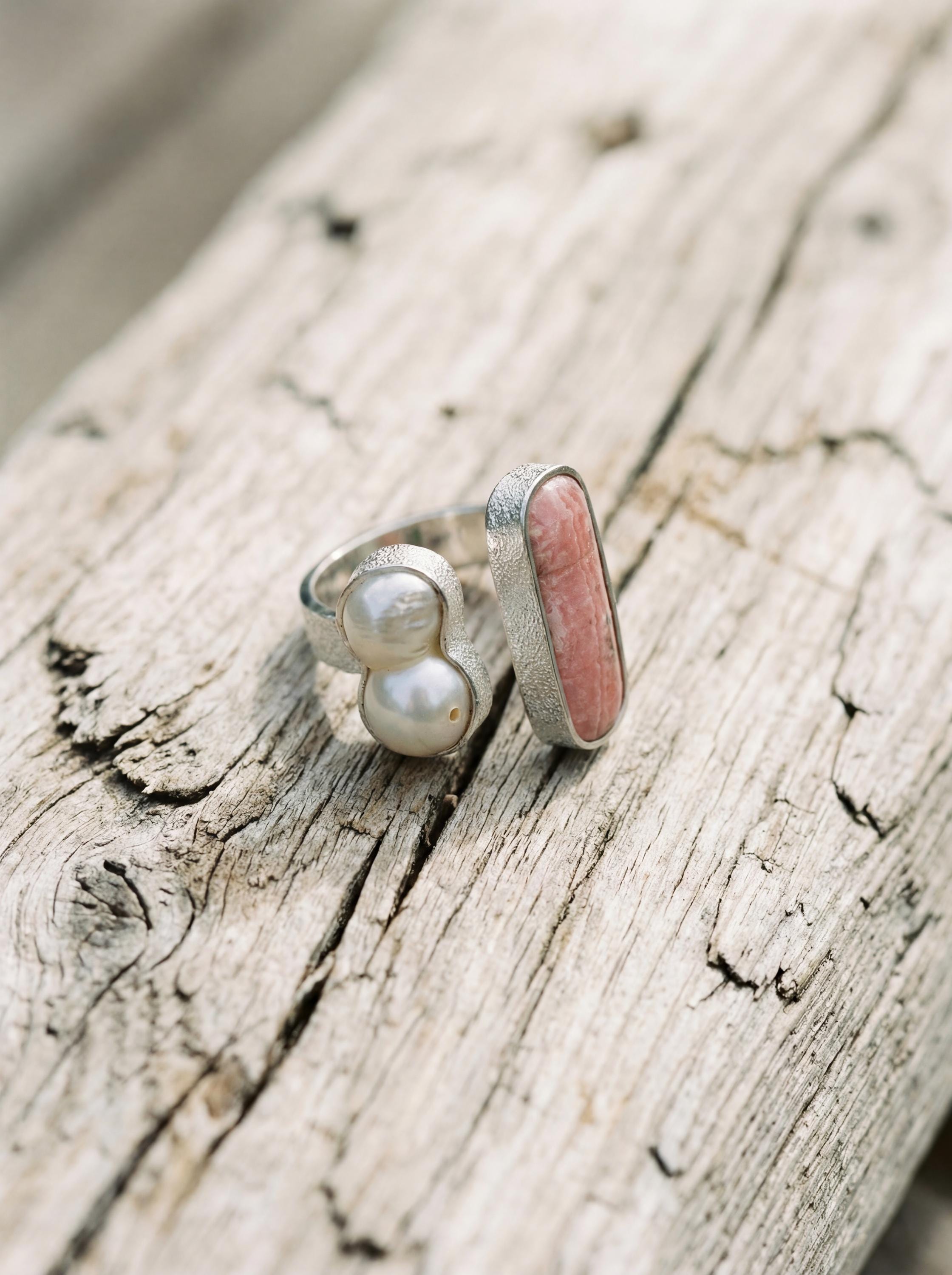 Baroque Pearl Rhodochrosite Ring 925 Silver Adjustable Open Ring Organic Texture Statement Jewelry