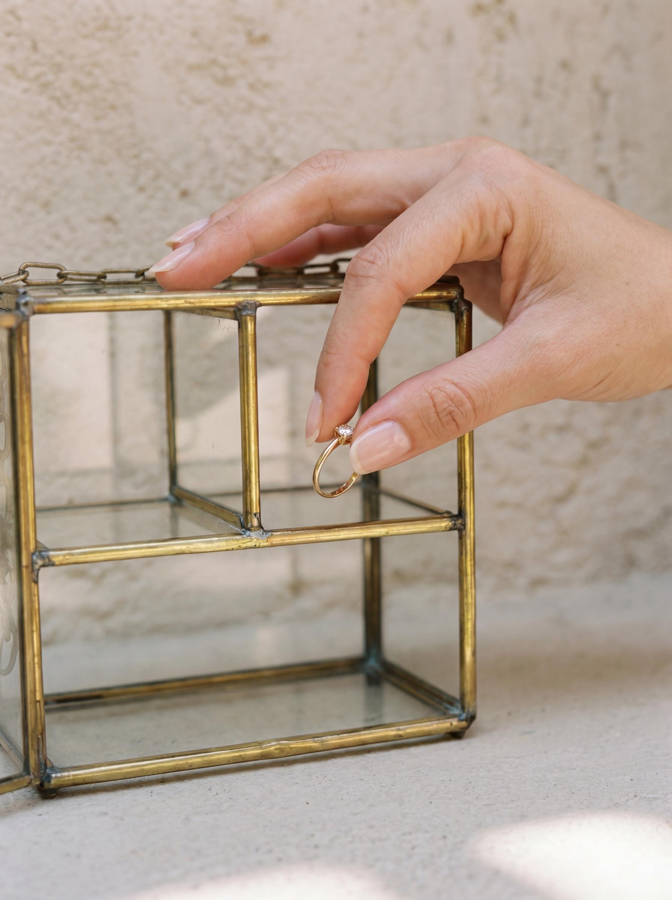 Large Glass Brass Display Box Rectangular Jewelry Case Crystal Shelf Keepsake Cabinet Ring Storage Gift