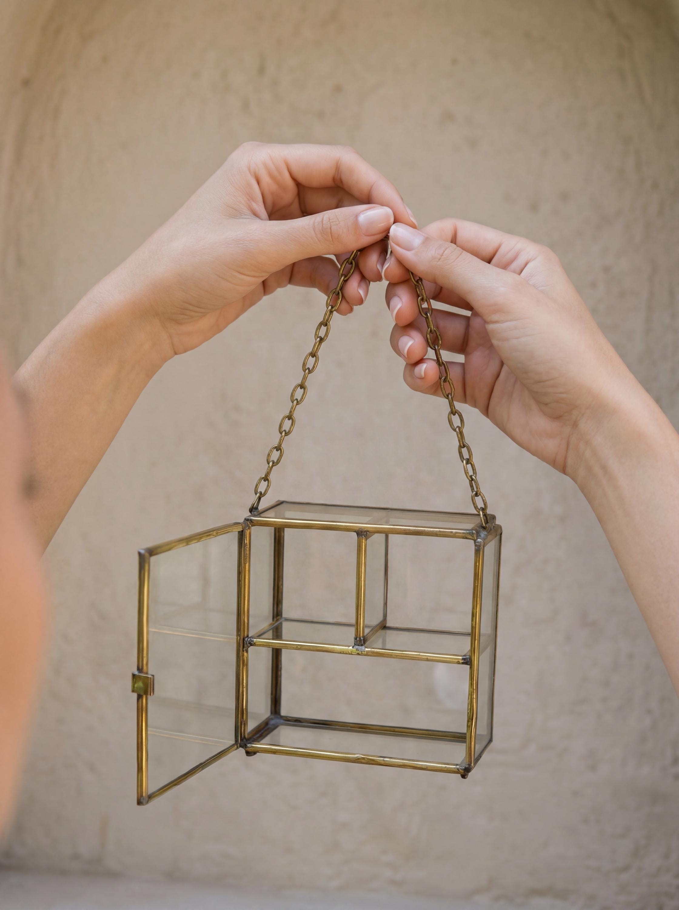 Large Glass Brass Display Box Rectangular Jewelry Case Crystal Shelf Keepsake Cabinet Ring Storage Gift