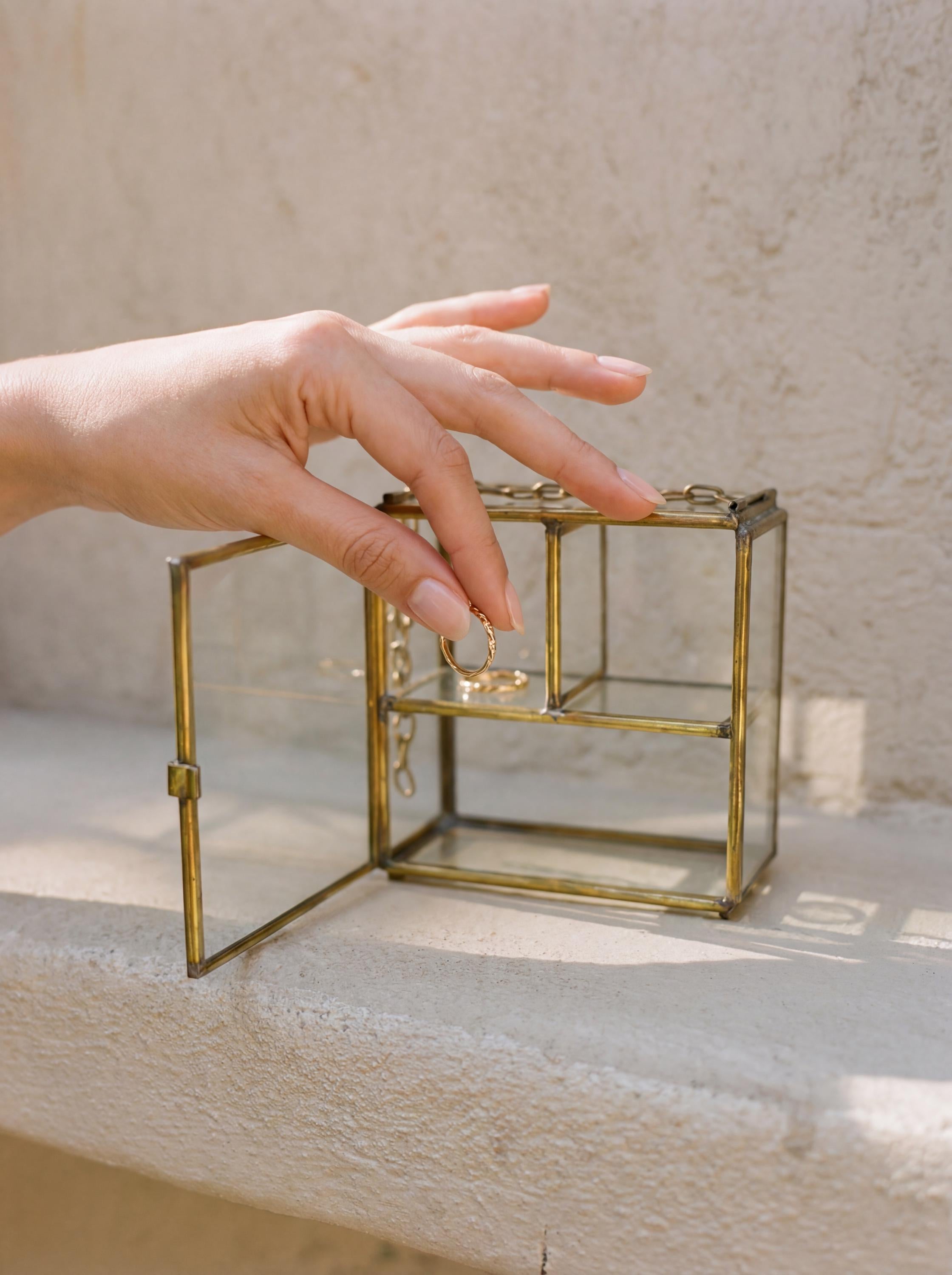 Large Glass Brass Display Box Rectangular Jewelry Case Crystal Shelf Keepsake Cabinet Ring Storage Gift