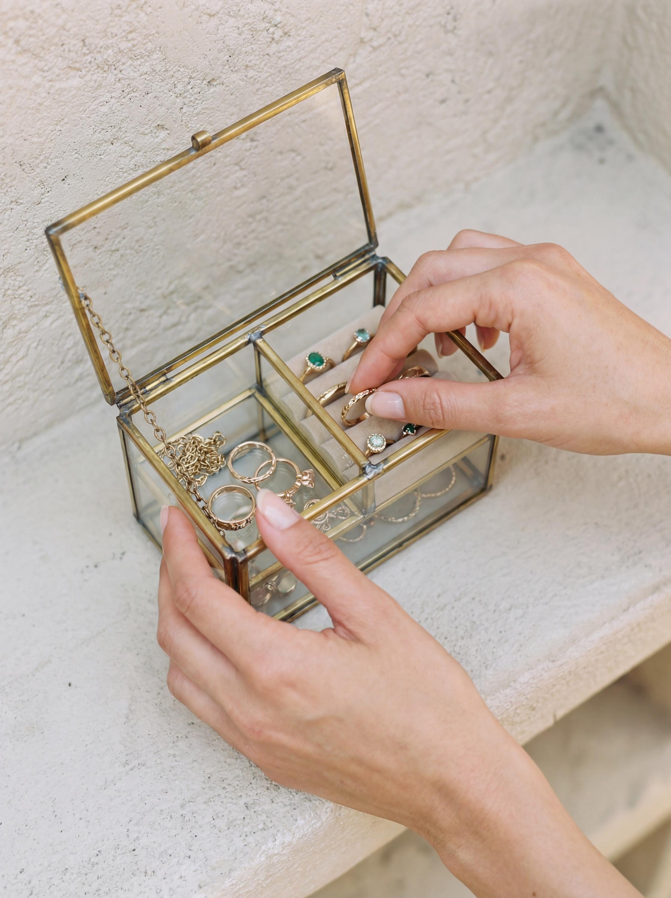 Large Glass Brass Display Box Rectangular Jewelry Case Crystal Shelf Keepsake Cabinet Ring Storage Gift
