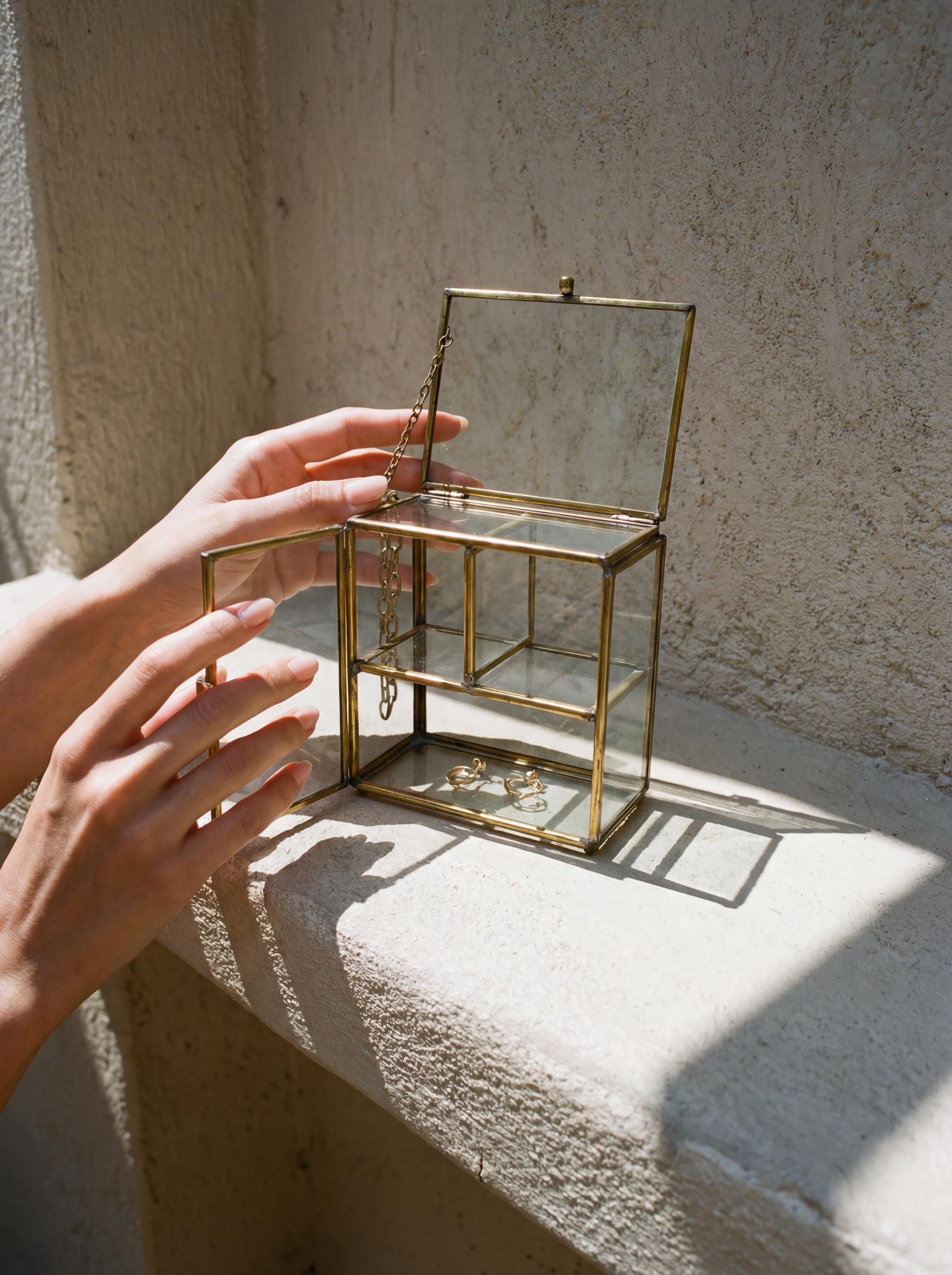 Large Glass Brass Display Box Rectangular Jewelry Case Crystal Shelf Keepsake Cabinet Ring Storage Gift