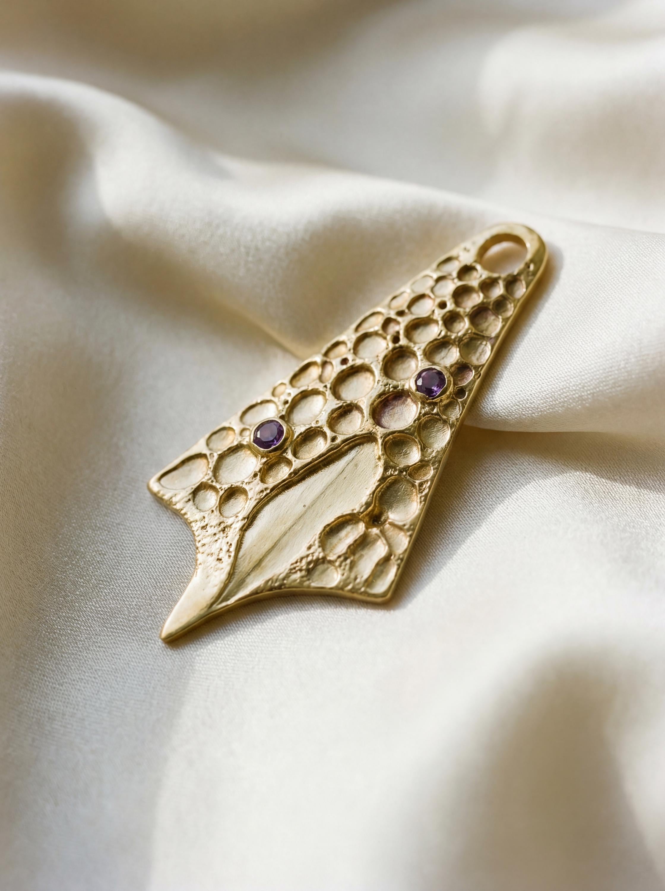 18k Gold Plated Cast Pendant, Textured Amethyst Talisman Necklace