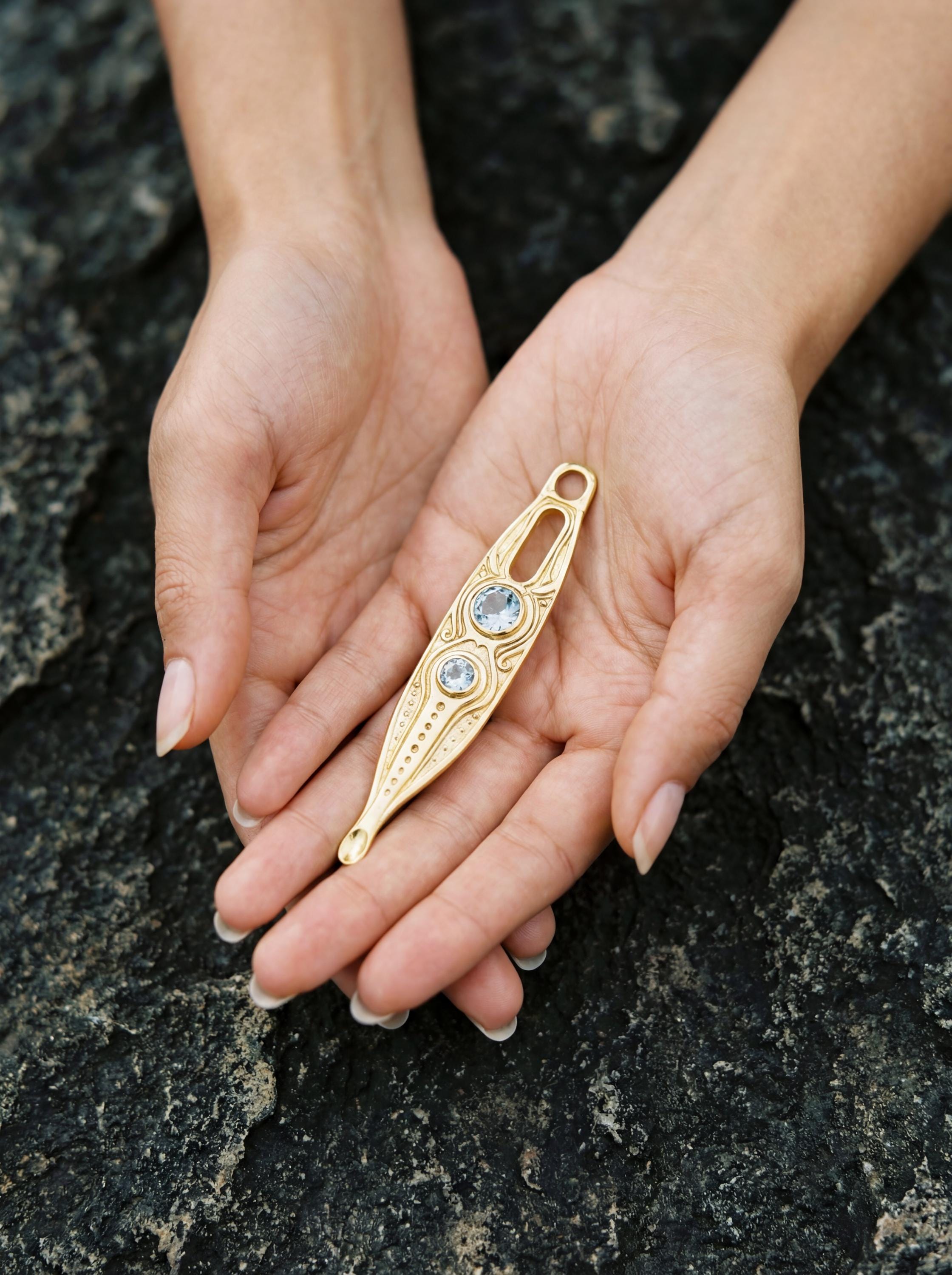 Blue Topaz Spoon Pendant 18k Gold Plated Brass Cast Ritual Spoon Necklace Throat Chakra December Gift