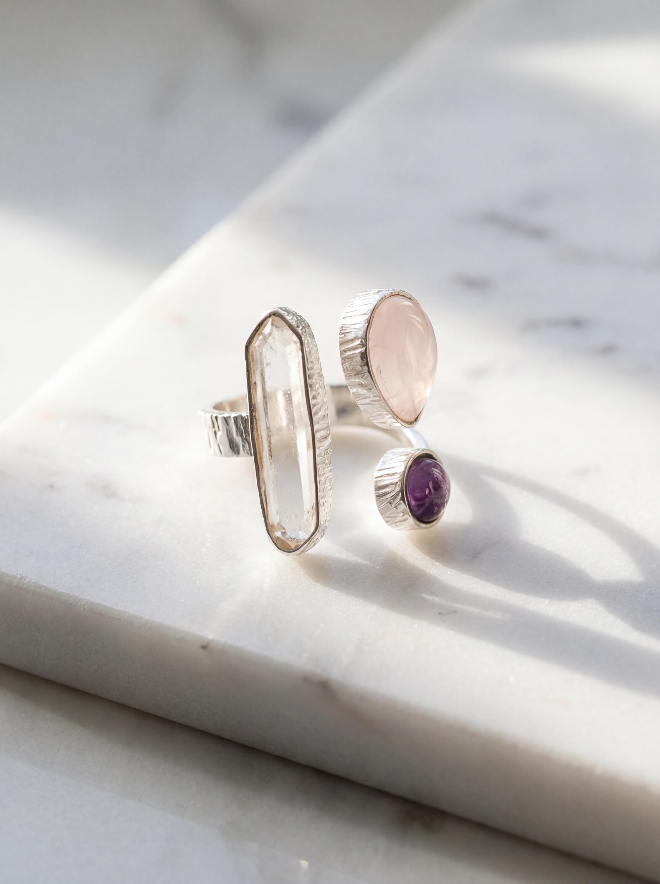 Triple Stone Sterling Silver Ring: Quartz, Amethyst, Rose Quartz