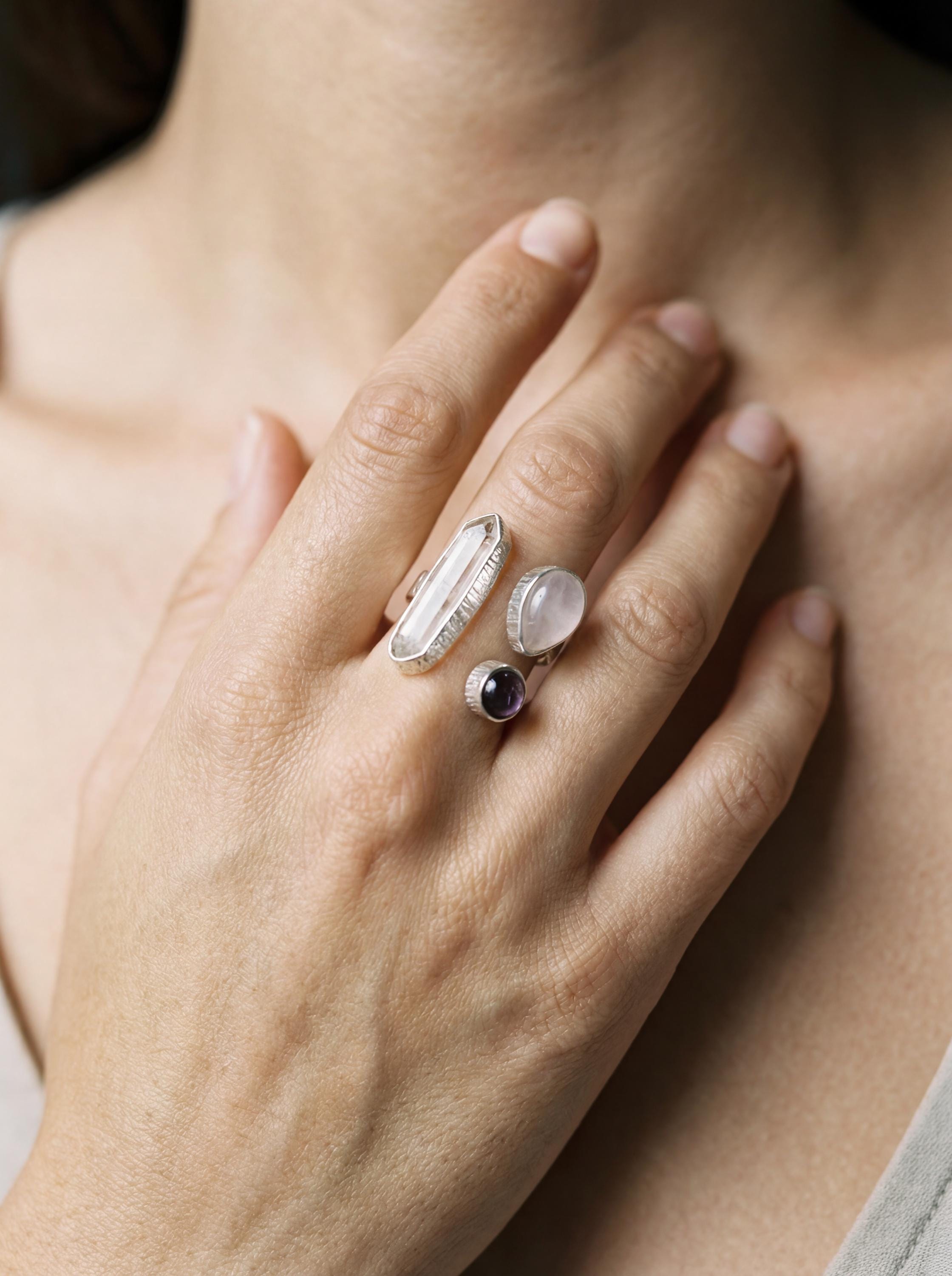 Triple Stone Sterling Silver Ring: Quartz, Amethyst, Rose Quartz
