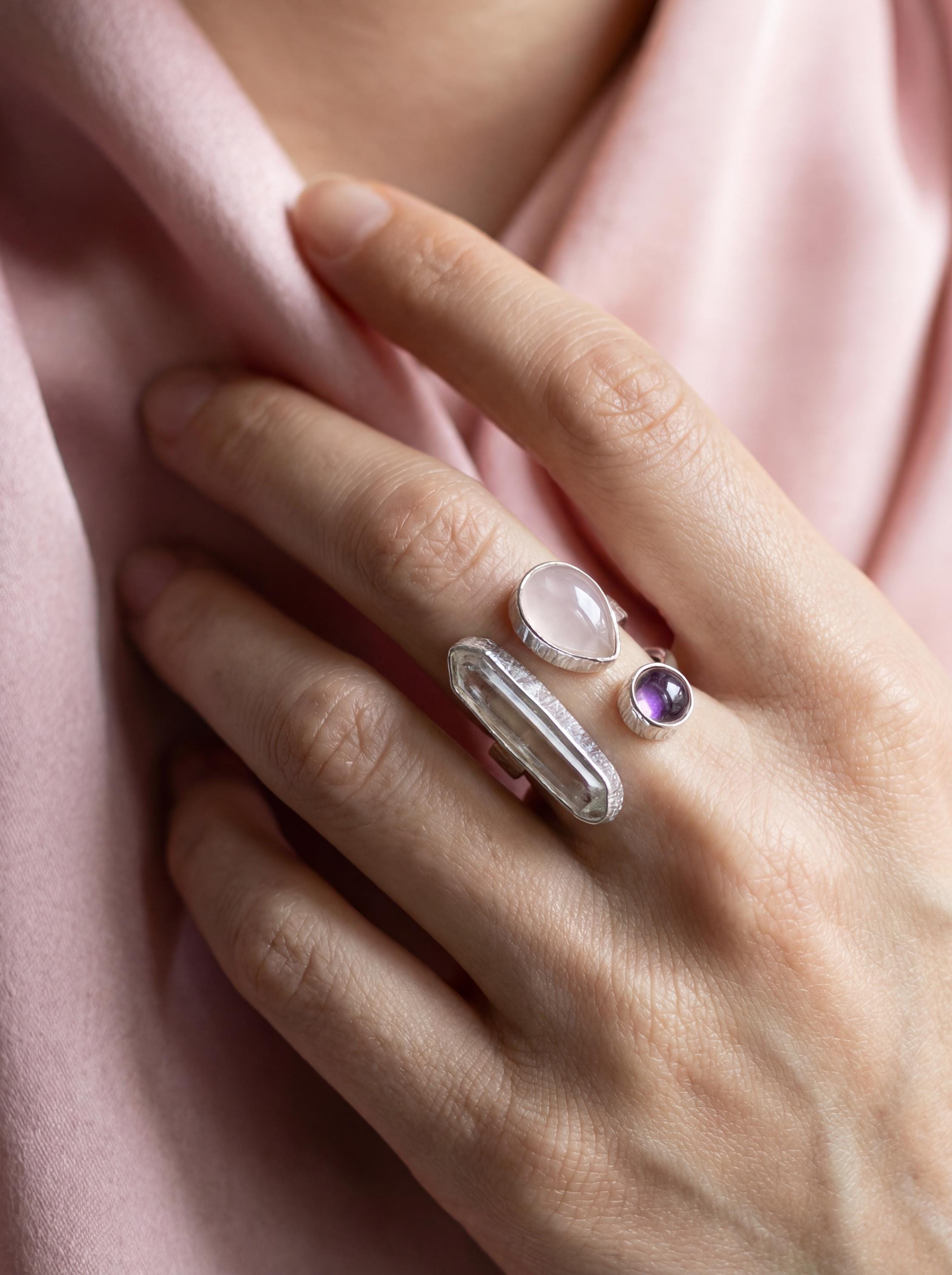 Himalayan Quartz Amethyst Rose Quartz Ring 925 Sterling Silver Adjustable Third Eye Heart Crown Chakra Gift
