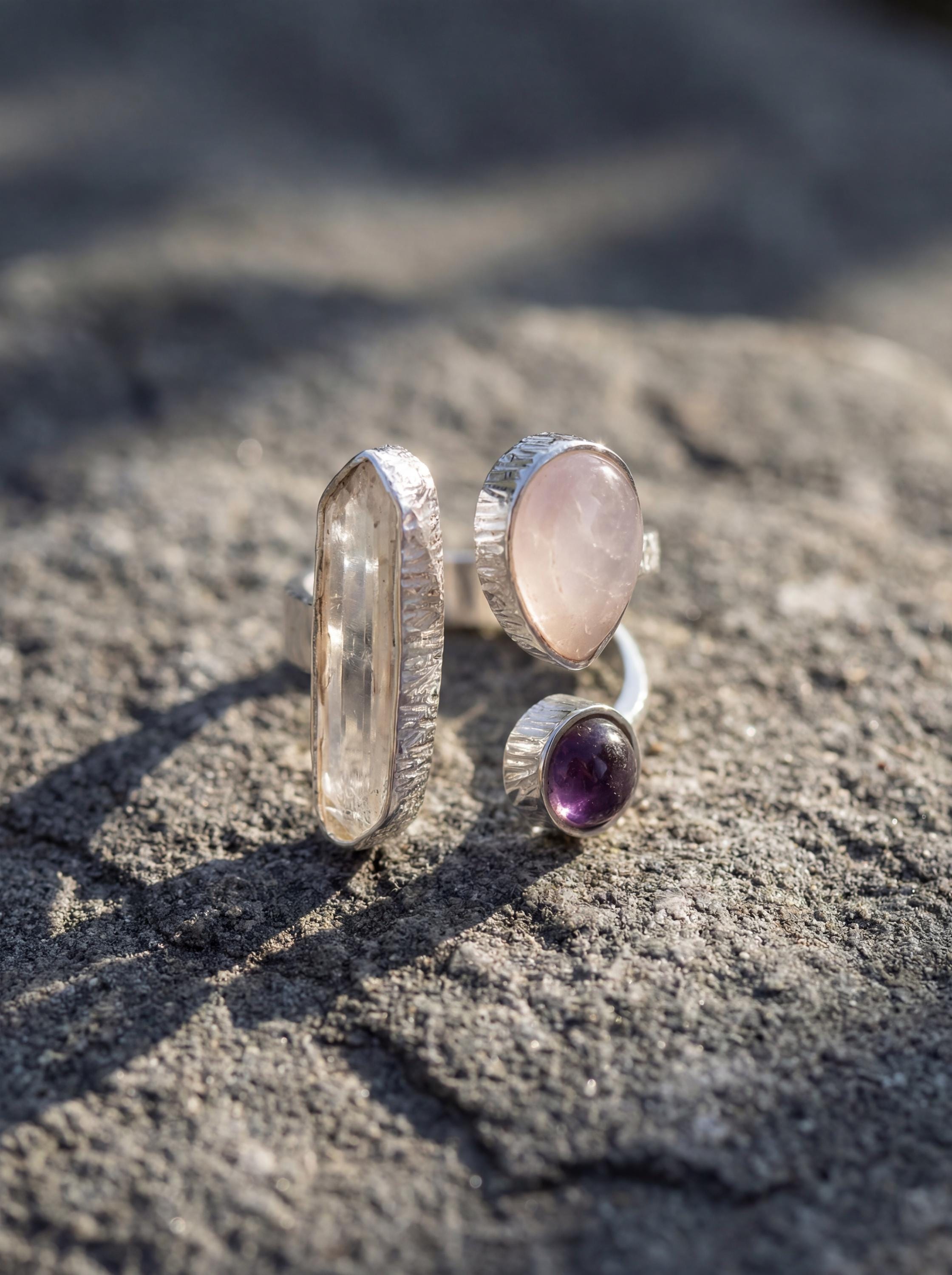 Triple Stone Sterling Silver Ring: Quartz, Amethyst, Rose Quartz