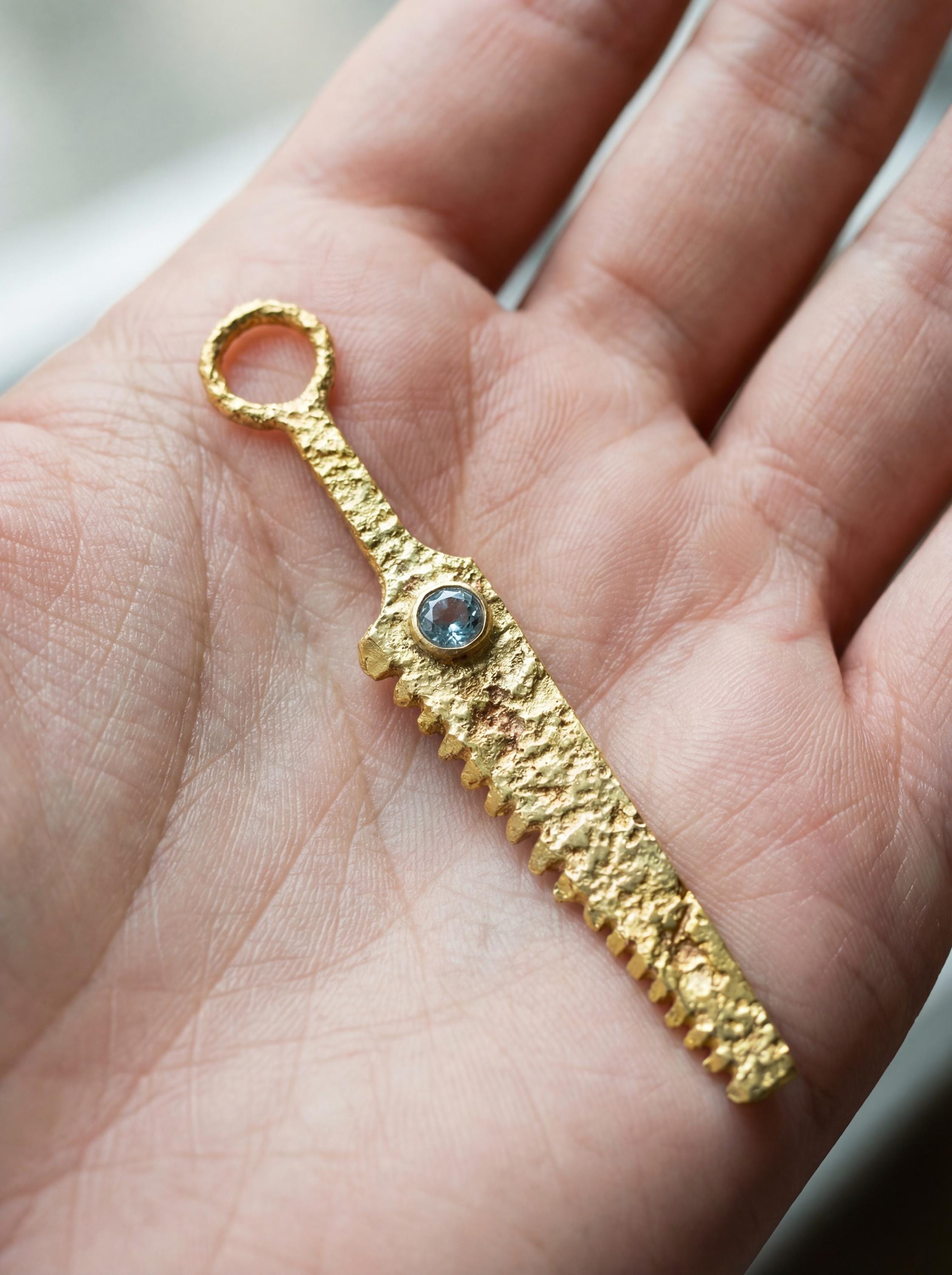 Cast Brass Cutter Spoon Pendant, Blue Topaz, 18k Gold Plated Talisman Necklace