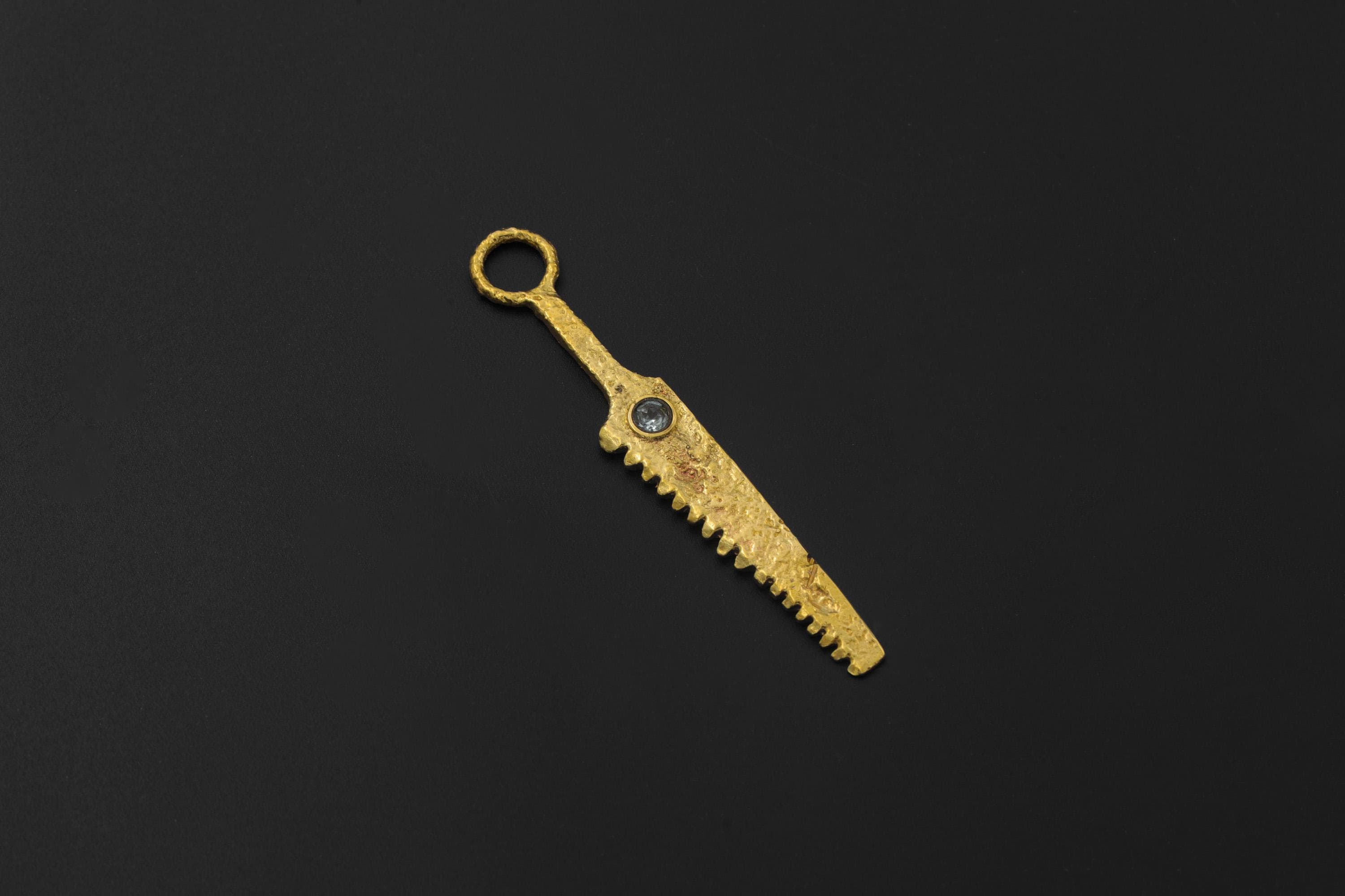Cast Brass Cutter Spoon Pendant, Blue Topaz, 18k Gold Plated Talisman Necklace