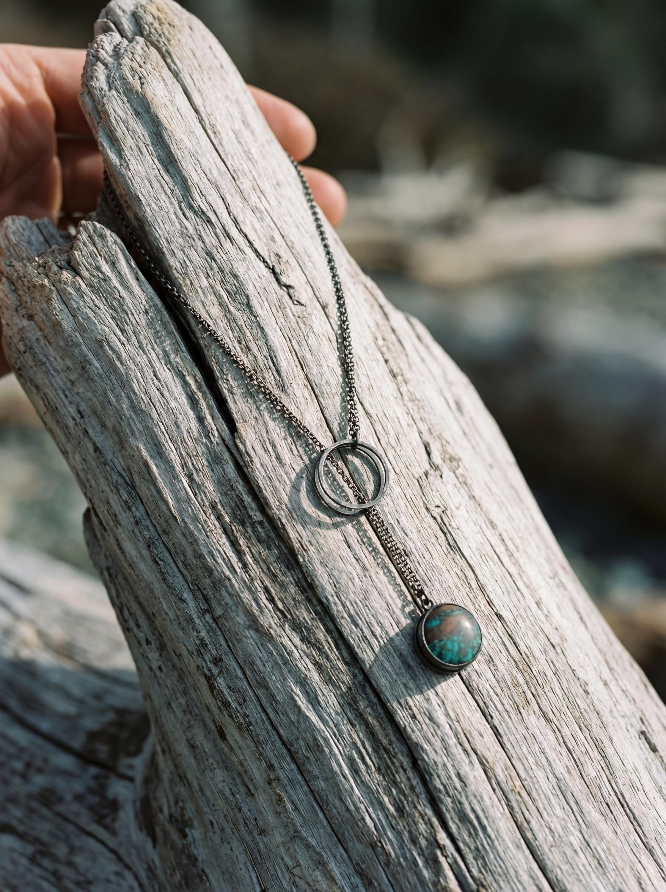 Turquoise Pendant Necklace, Oxidized 925 Silver, Adjustable Boho Jewelry