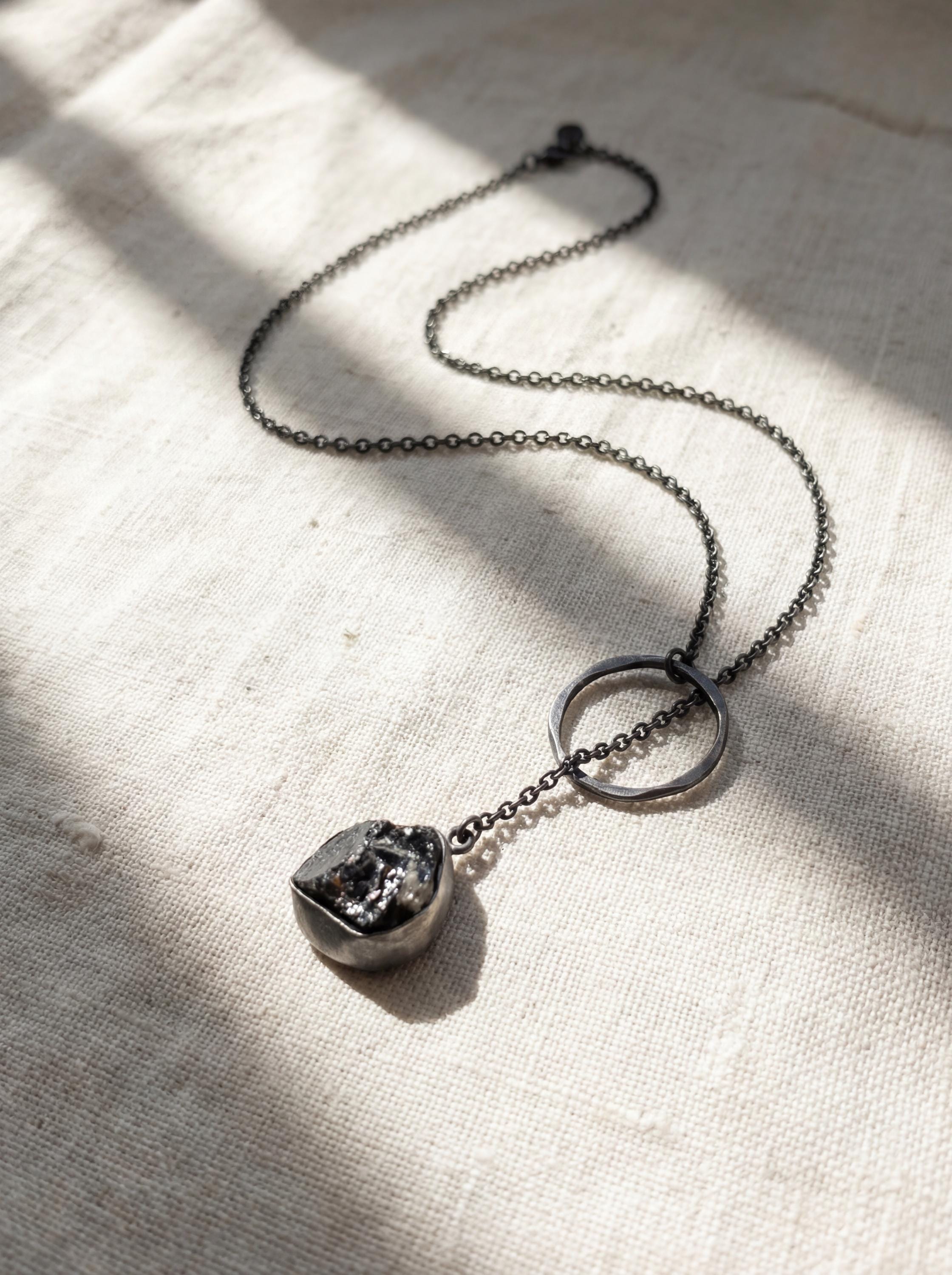 Raw Black Tourmaline Pendant Necklace, Oxidized 925 Silver, Adjustable Amulet