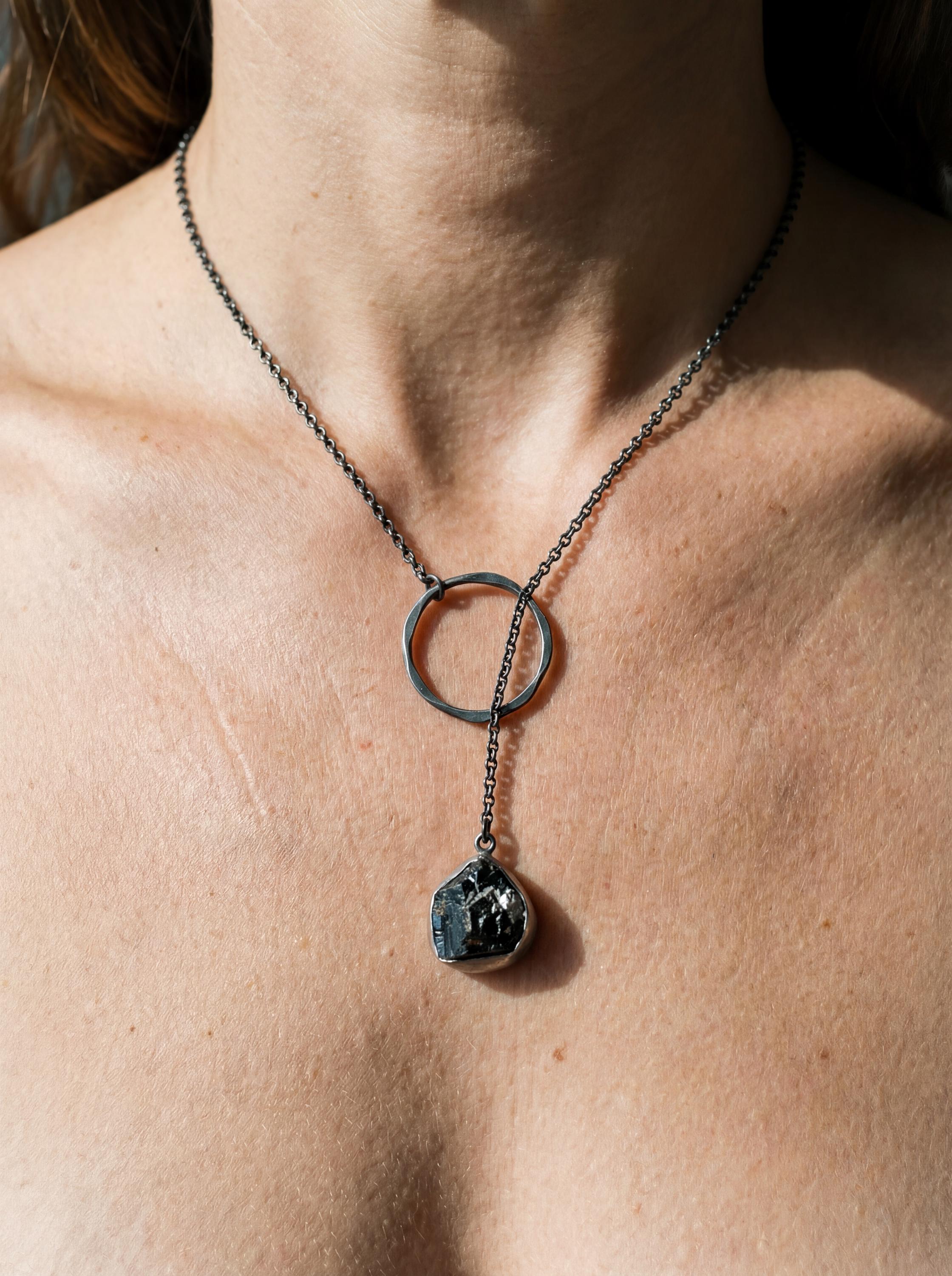 Black Tourmaline Noose Necklace, 925 Oxidized Silver, Raw Crystal Pendant, Adjustable Loop Chain, Brushed Finish, Grounding Amulet Jewelry