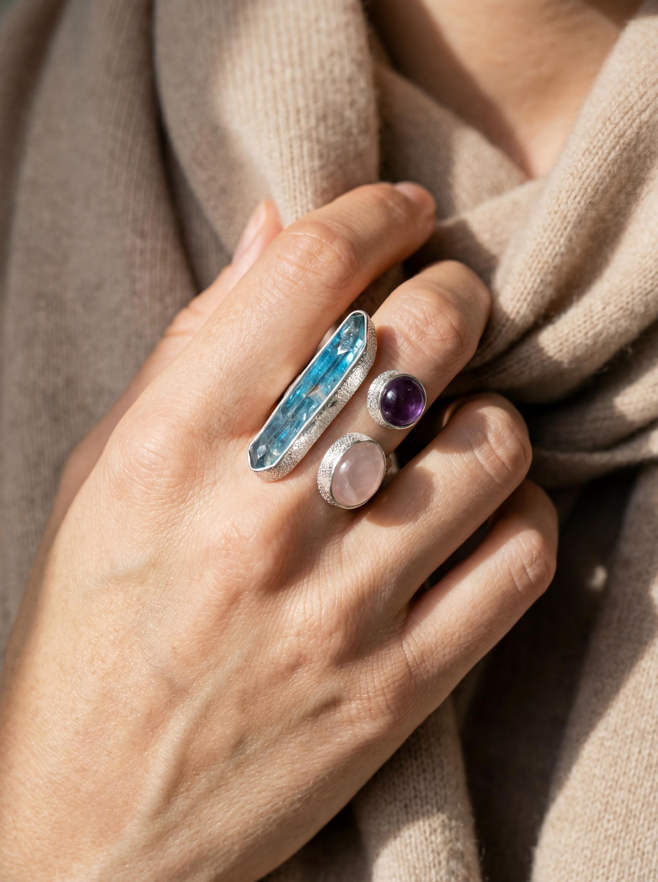 Aqua Aura Quartz Amethyst Rose Quartz Ring 925 Sterling Silver Adjustable Heart Crown Chakra Jewelry Gift
