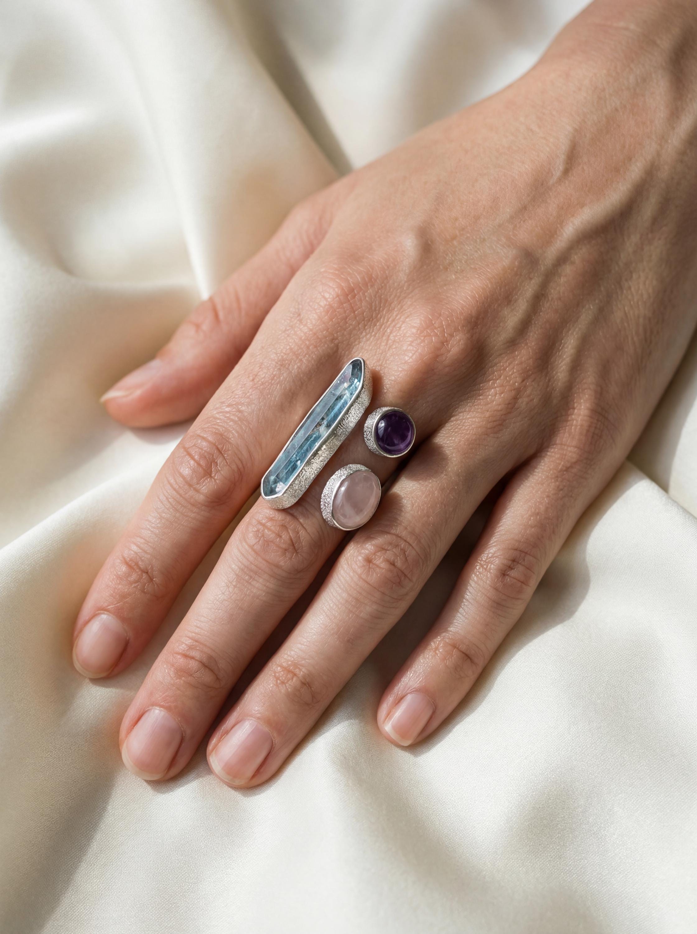 Aqua Aura Quartz Amethyst Rose Quartz Ring 925 Sterling Silver Adjustable Heart Crown Chakra Jewelry Gift