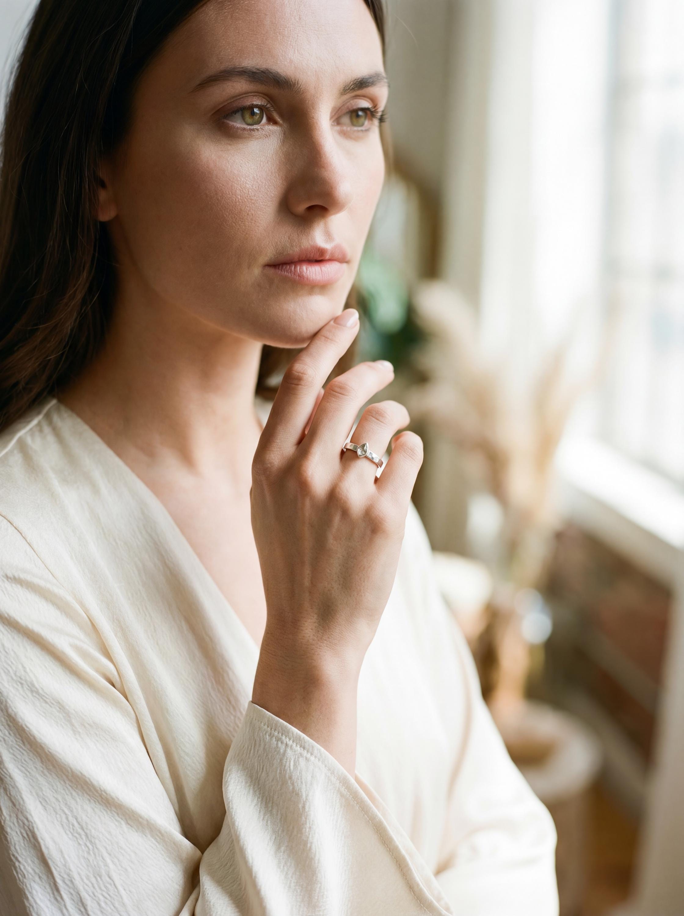 Petite Herkimer Diamond Ring: Hammered Sterling Silver Stack Band