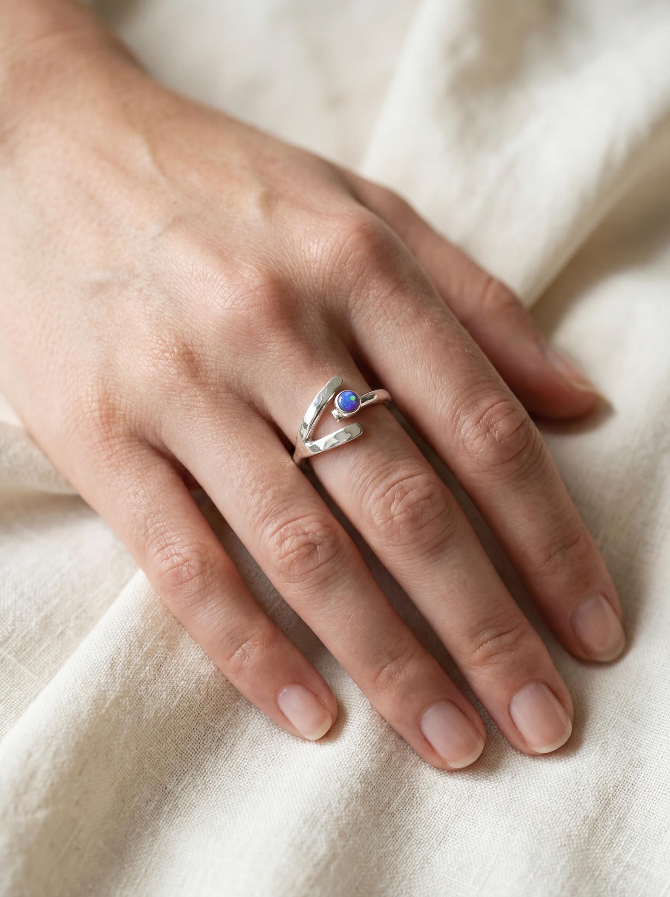 Dowsing Radiance: Rainbow Opal - Polished finish - Adjustable Sterling Silver Ring - Size 7-10 US