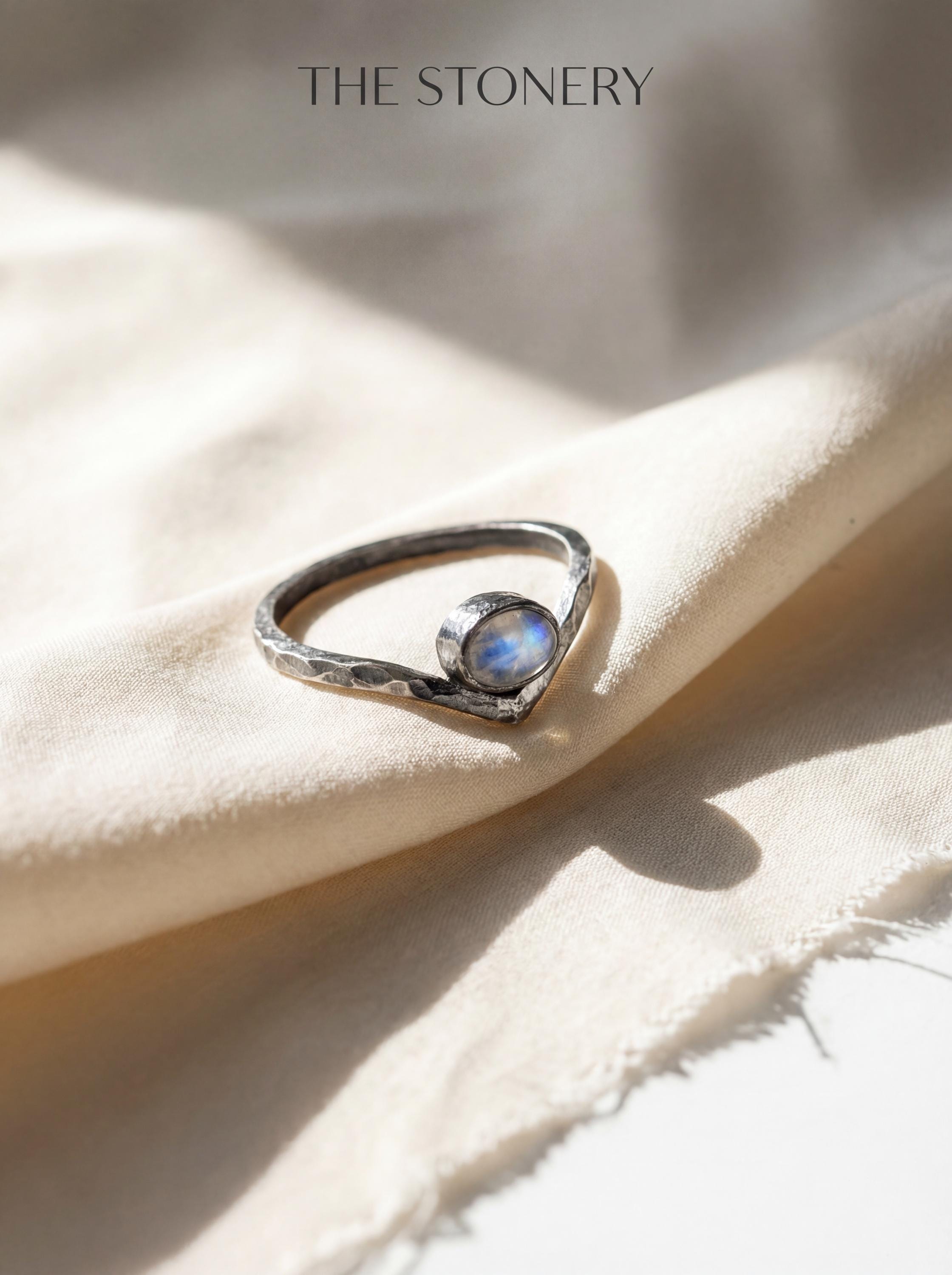 Blue Moonstone Ring: Hammered Sterling Silver Boho Stack Ring