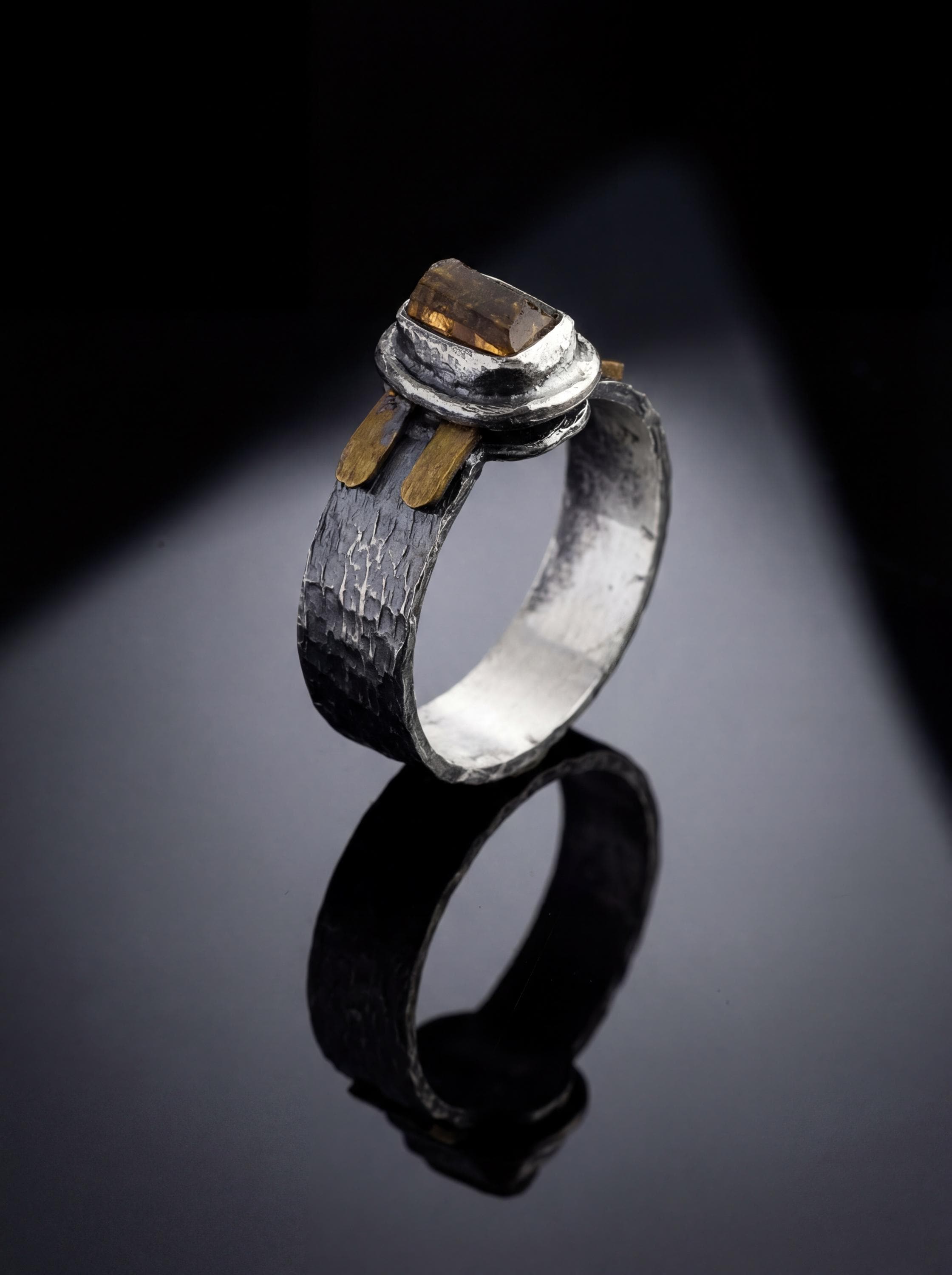 Sterling Silver Brown Tourmaline Ring: Hammered Brass Crystal Jewelry