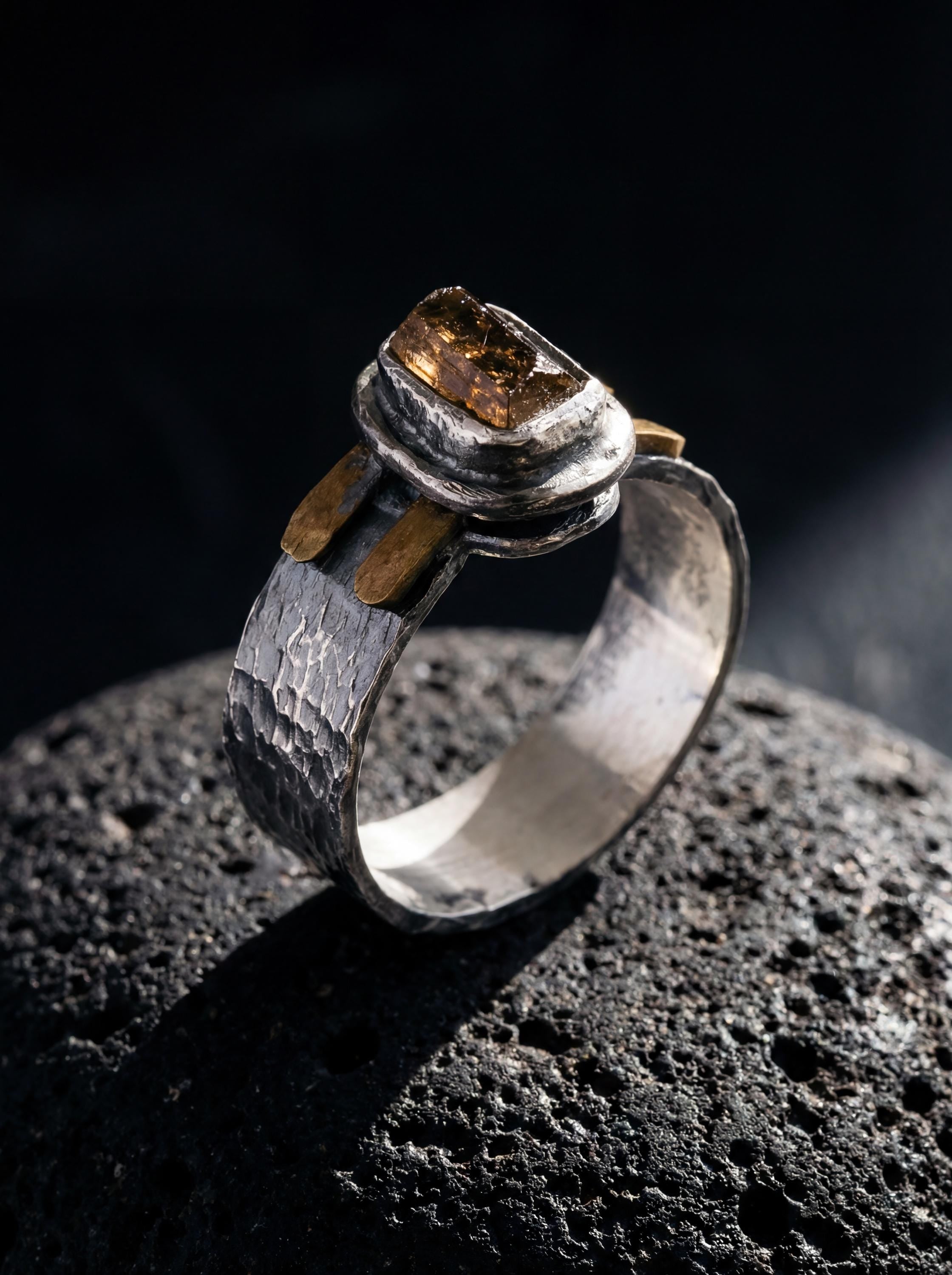 Sterling Silver Brown Tourmaline Ring: Hammered Brass Crystal Jewelry