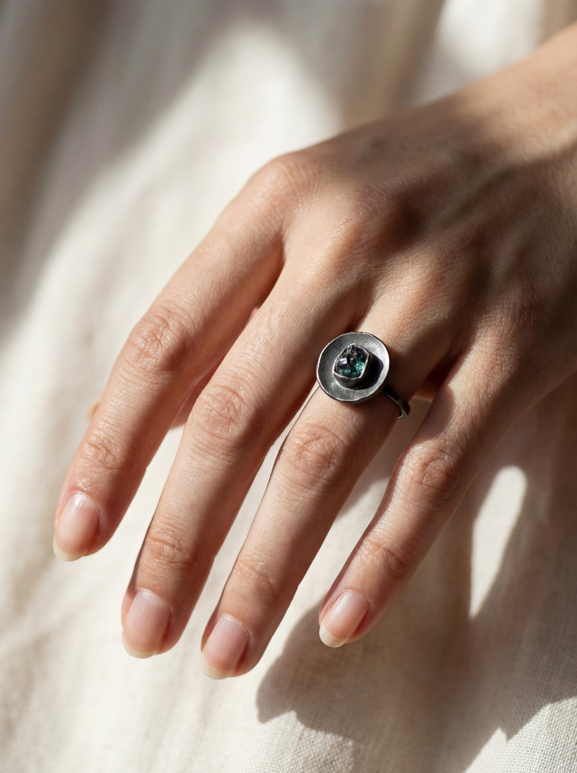 Raw Sapphire Ring: Oxidized Sterling Silver Dome, Australian Fossicked Gem