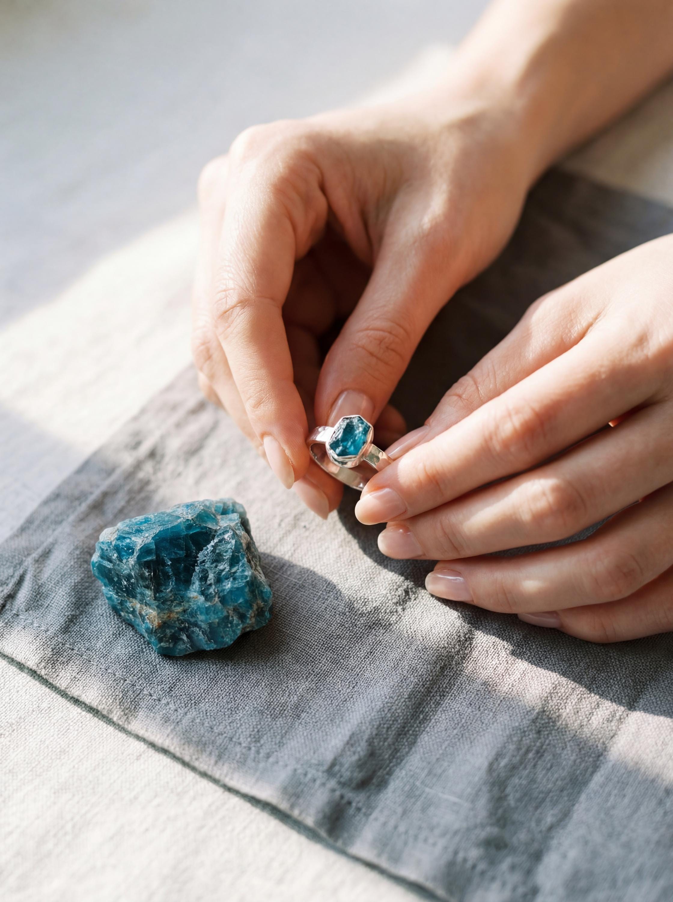 Raw Apatite Gem Ring: Hammered Sterling Silver Band