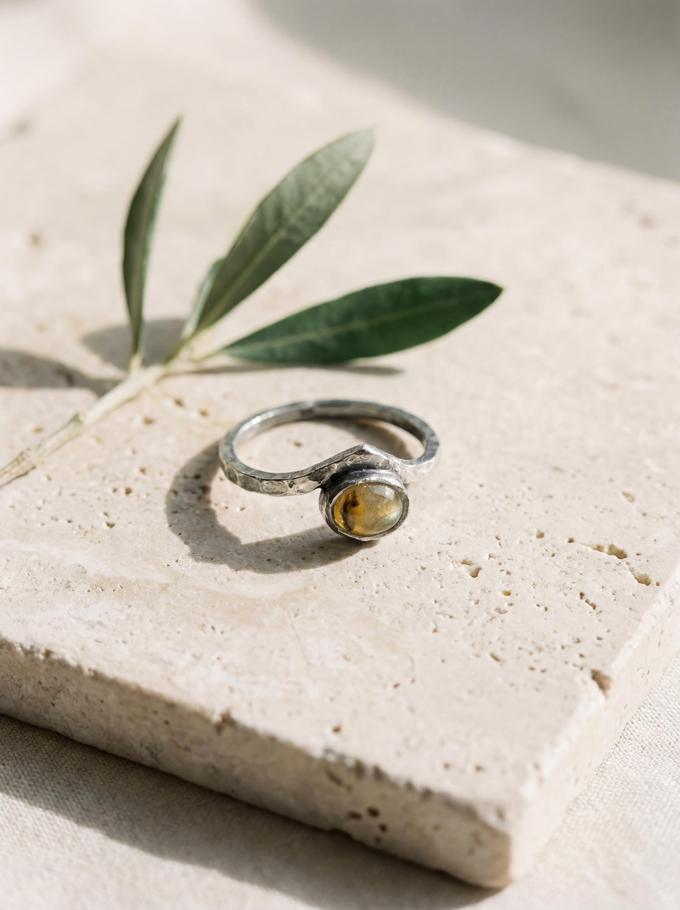 Rustic Golden Labradorite Ring: Hammered Sterling Silver Band