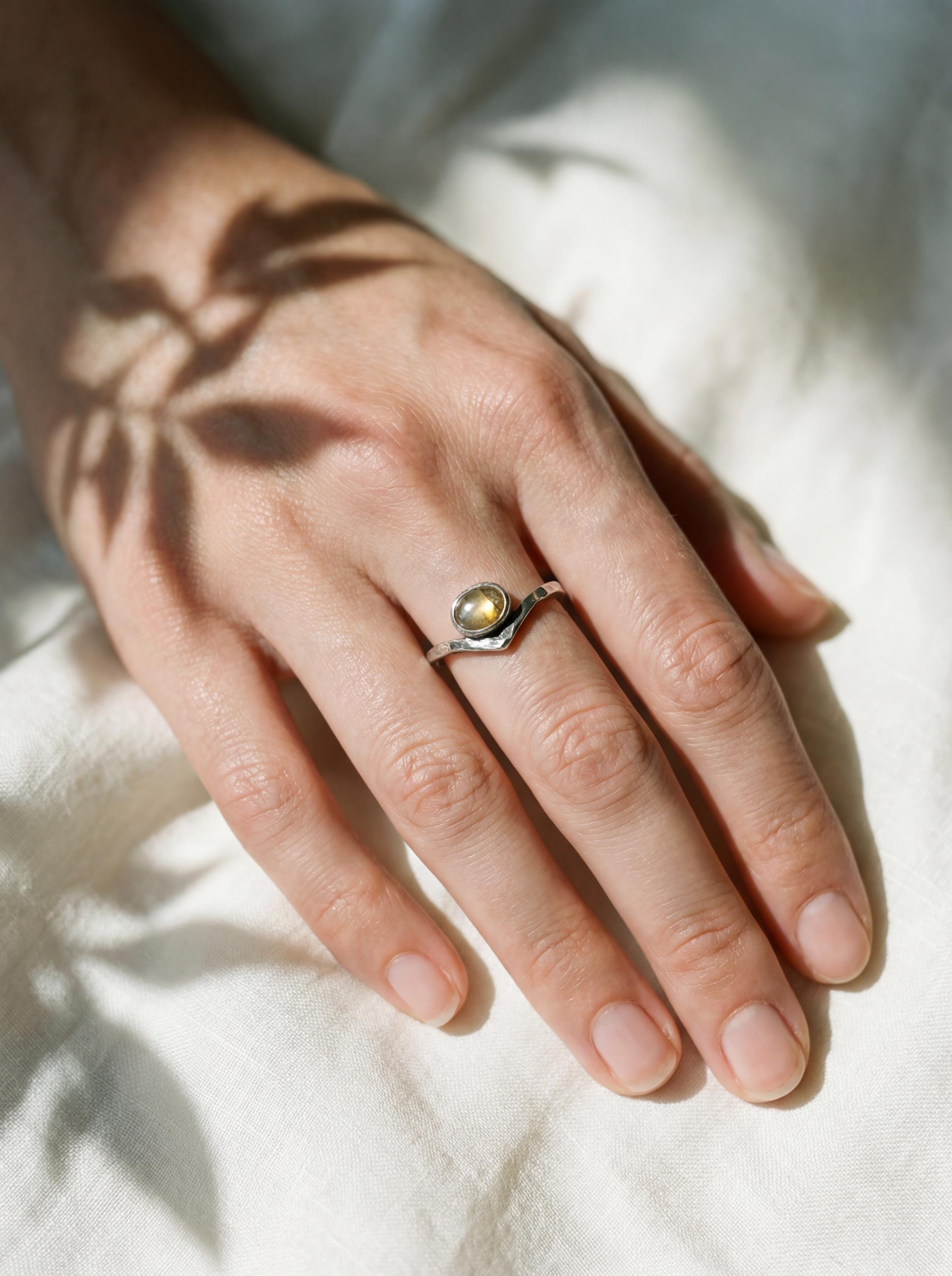 Rustic Golden Labradorite Ring: Hammered Sterling Silver Band