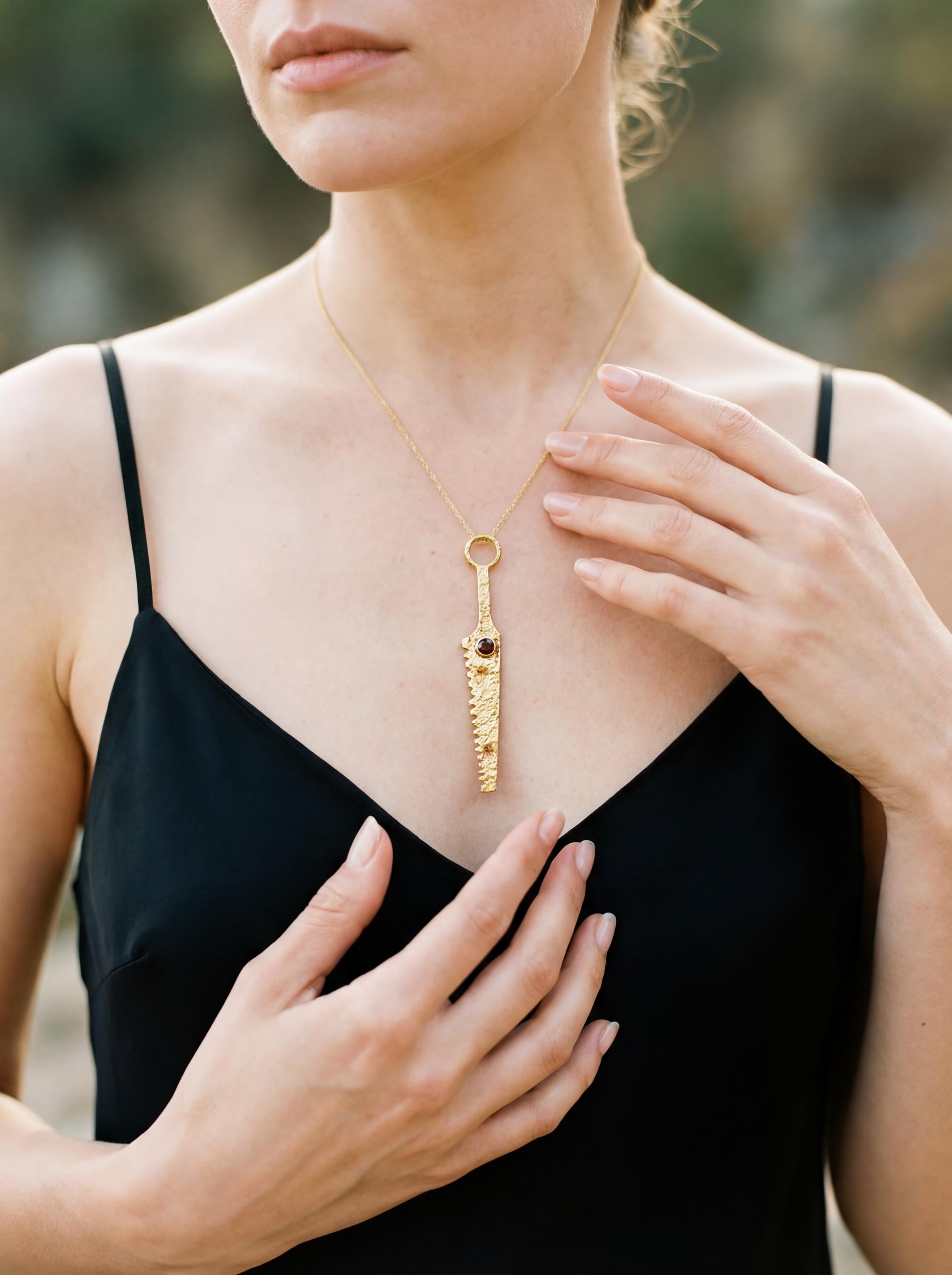 18k Gold Plated Brass Cutter Spoon Pendant, Faceted Garnet Talisman Necklace