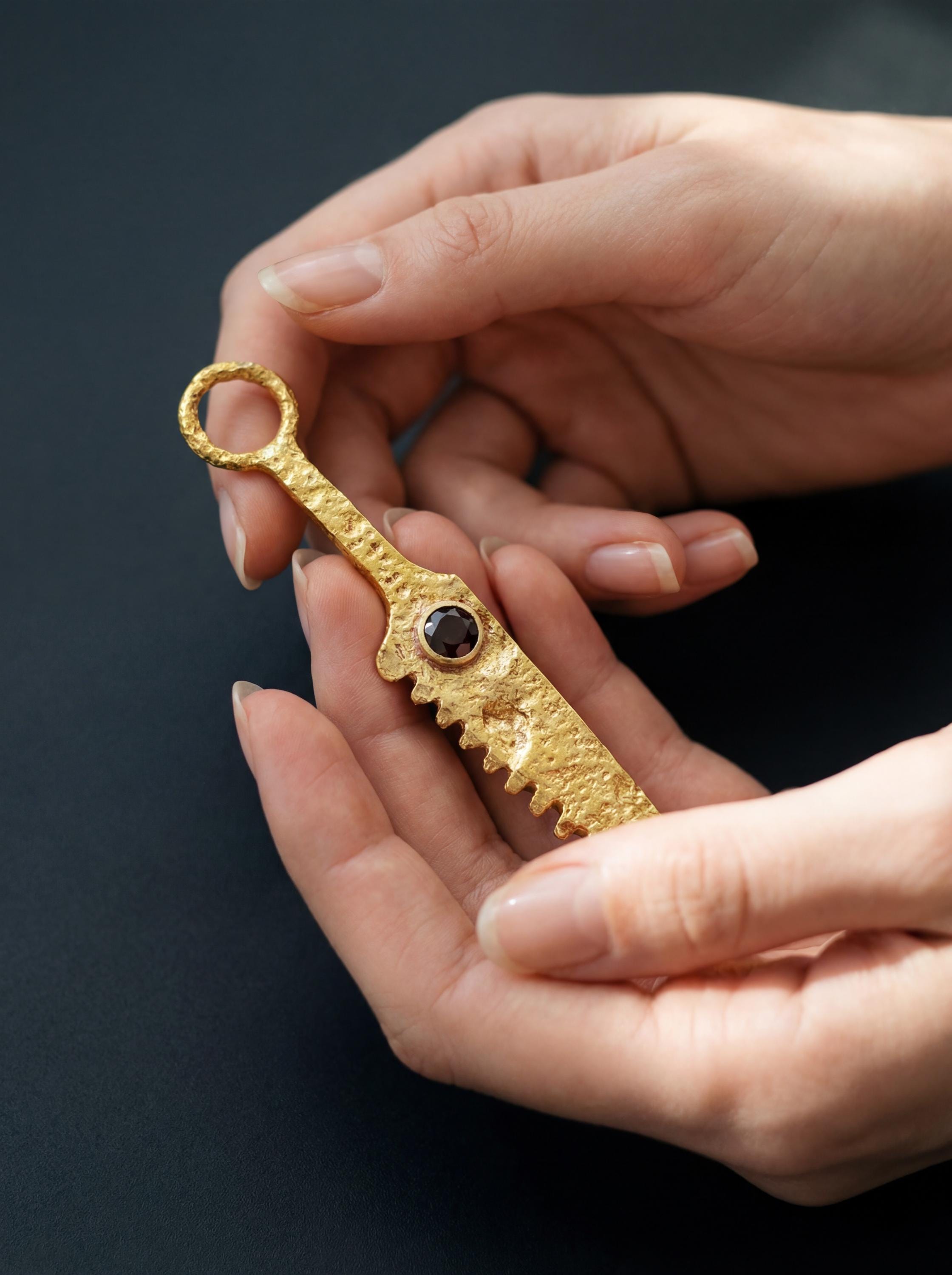 18k Gold Plated Brass Cutter Spoon Pendant, Faceted Garnet Talisman Necklace