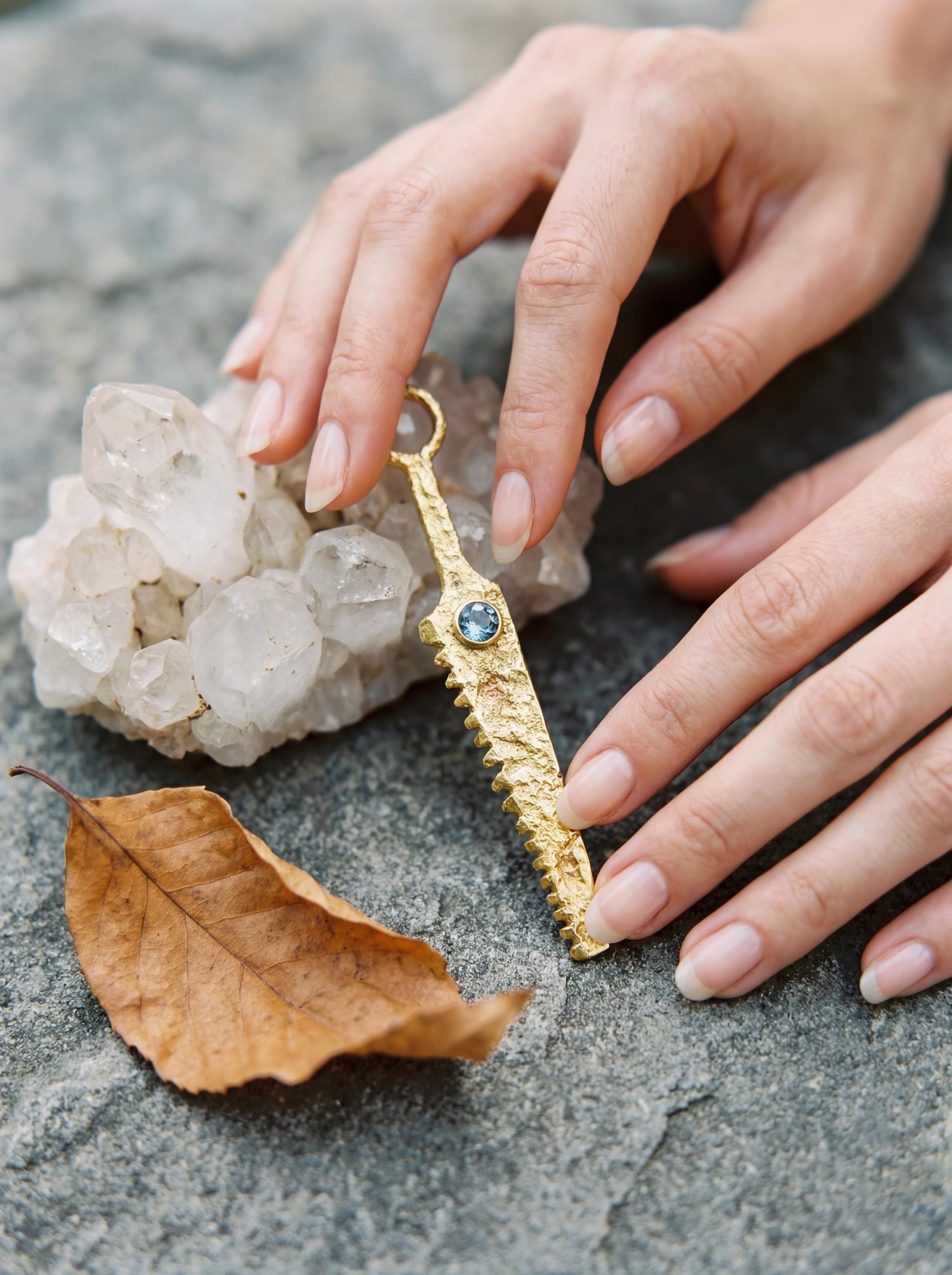 18k Gold Plated Brass Cutter Spoon Pendant, Blue Moonstone Ritual Talisman